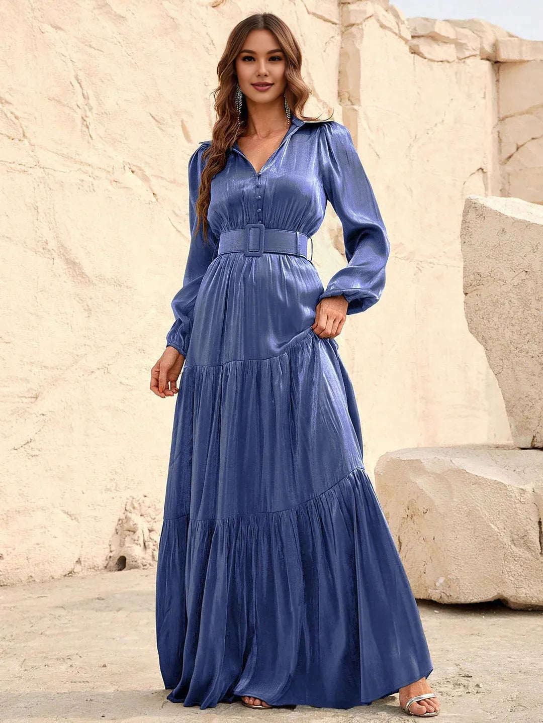 Elegant A-Line V Neck Lantern Sleeve Floor-Length Prom Dress