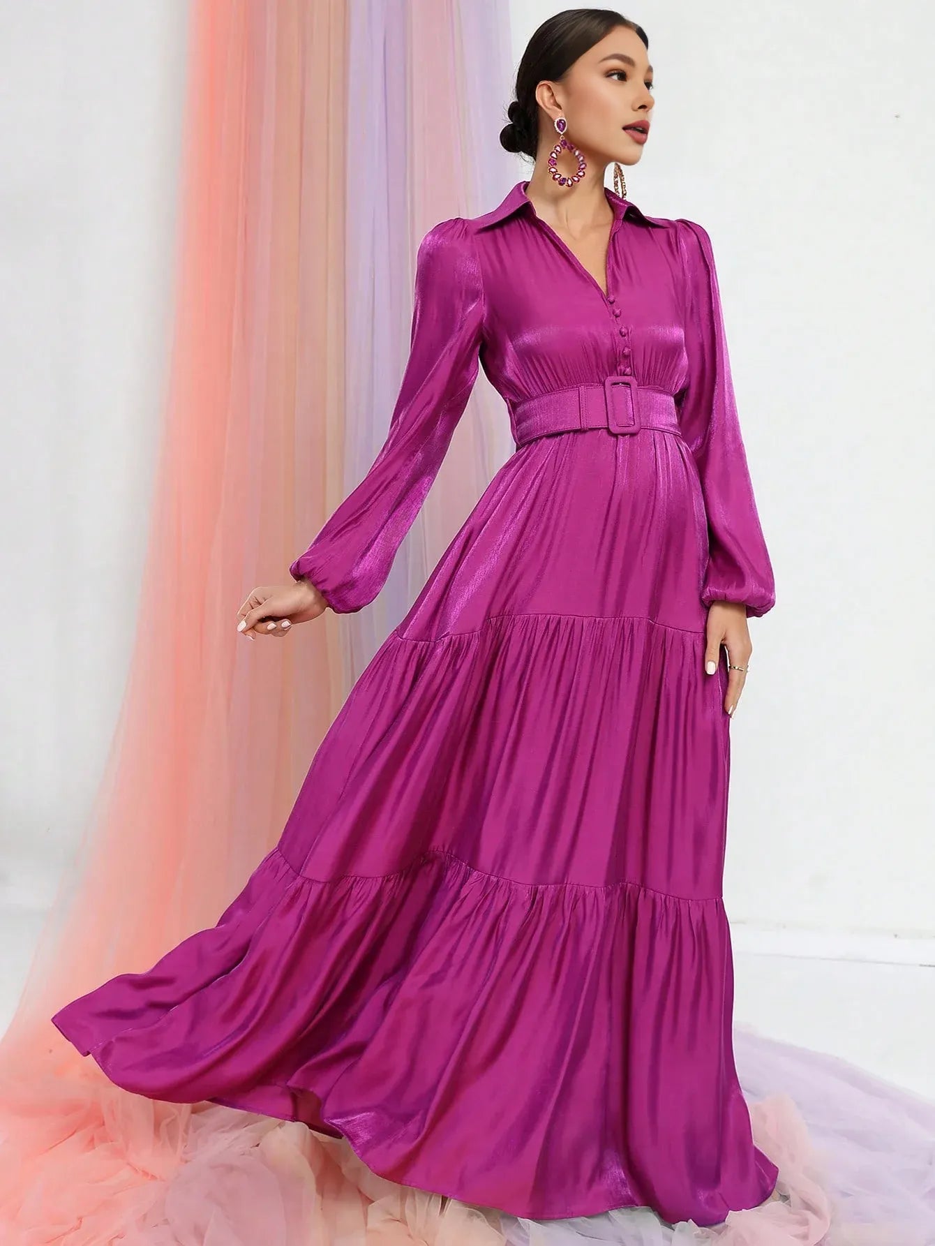 Elegant A-Line V Neck Lantern Sleeve Floor-Length Prom Dress