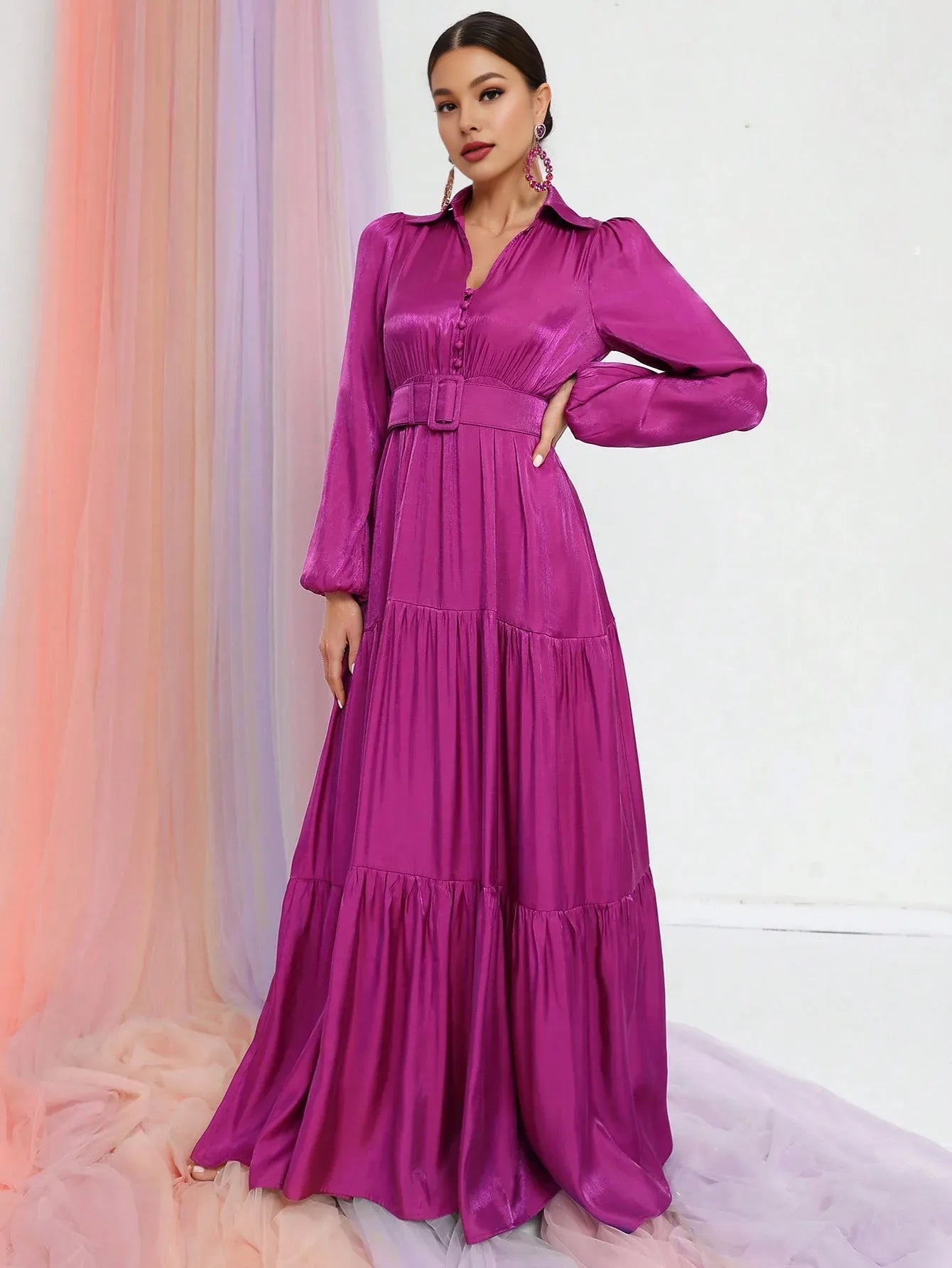 Elegant A-Line V Neck Lantern Sleeve Floor-Length Prom Dress