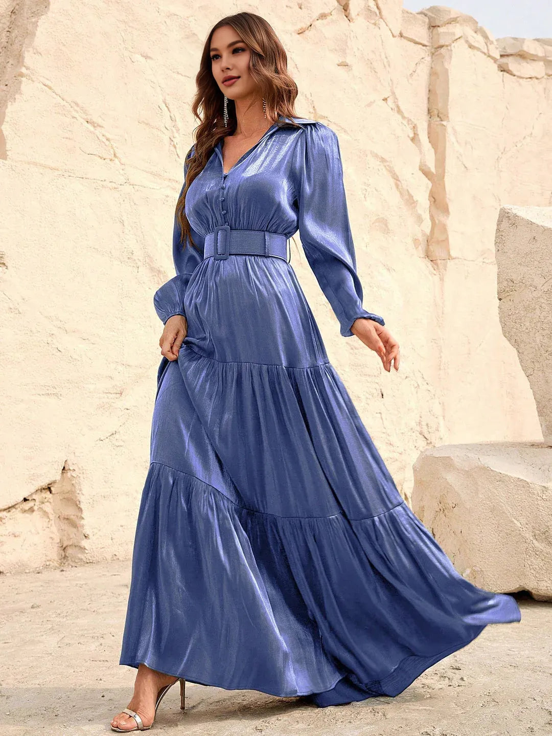 Elegant A-Line V Neck Lantern Sleeve Floor-Length Prom Dress