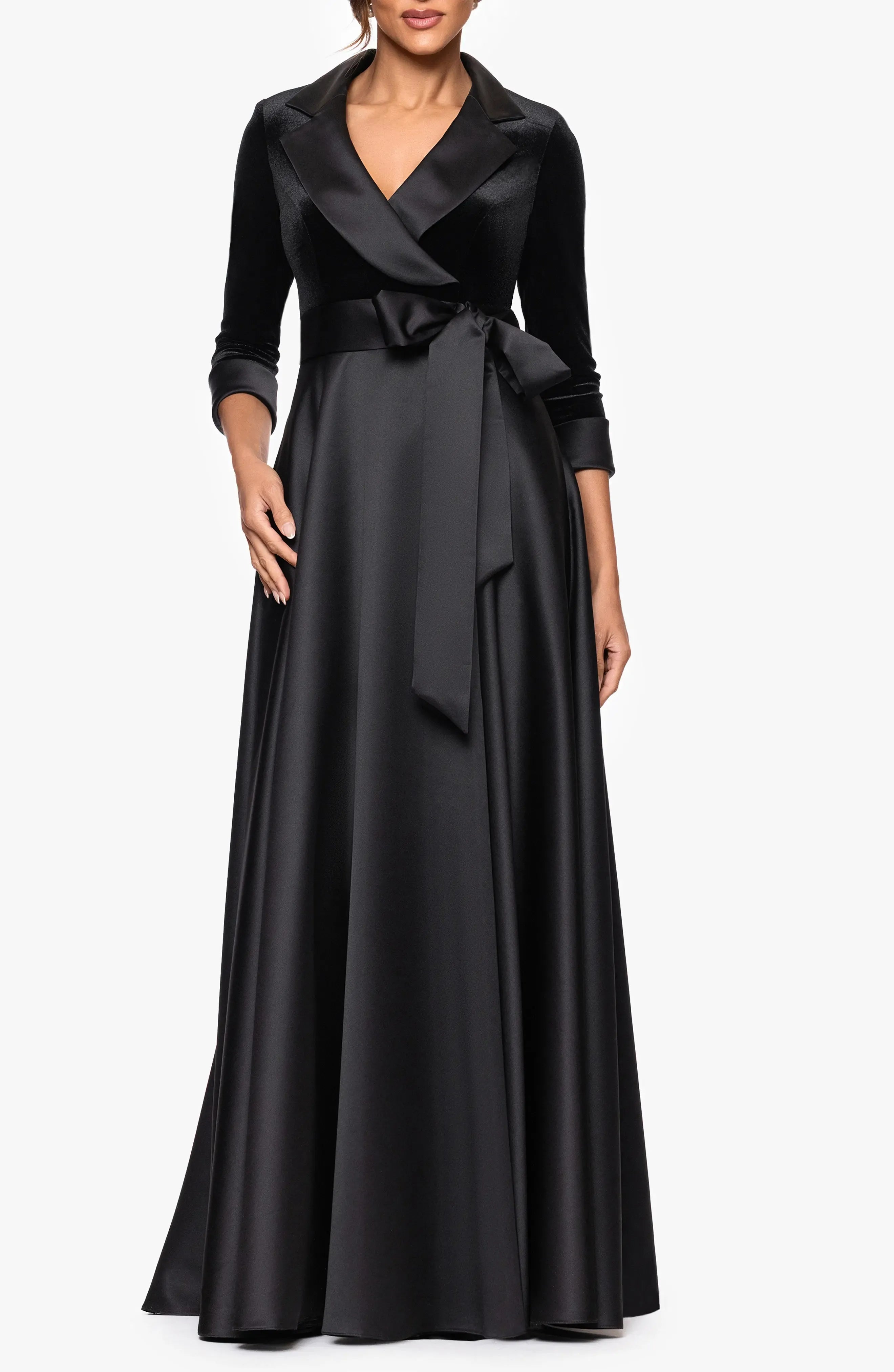Elegant A-Line V Neck Long Sleeve Velvet & Satin Floor-Length Prom Dress