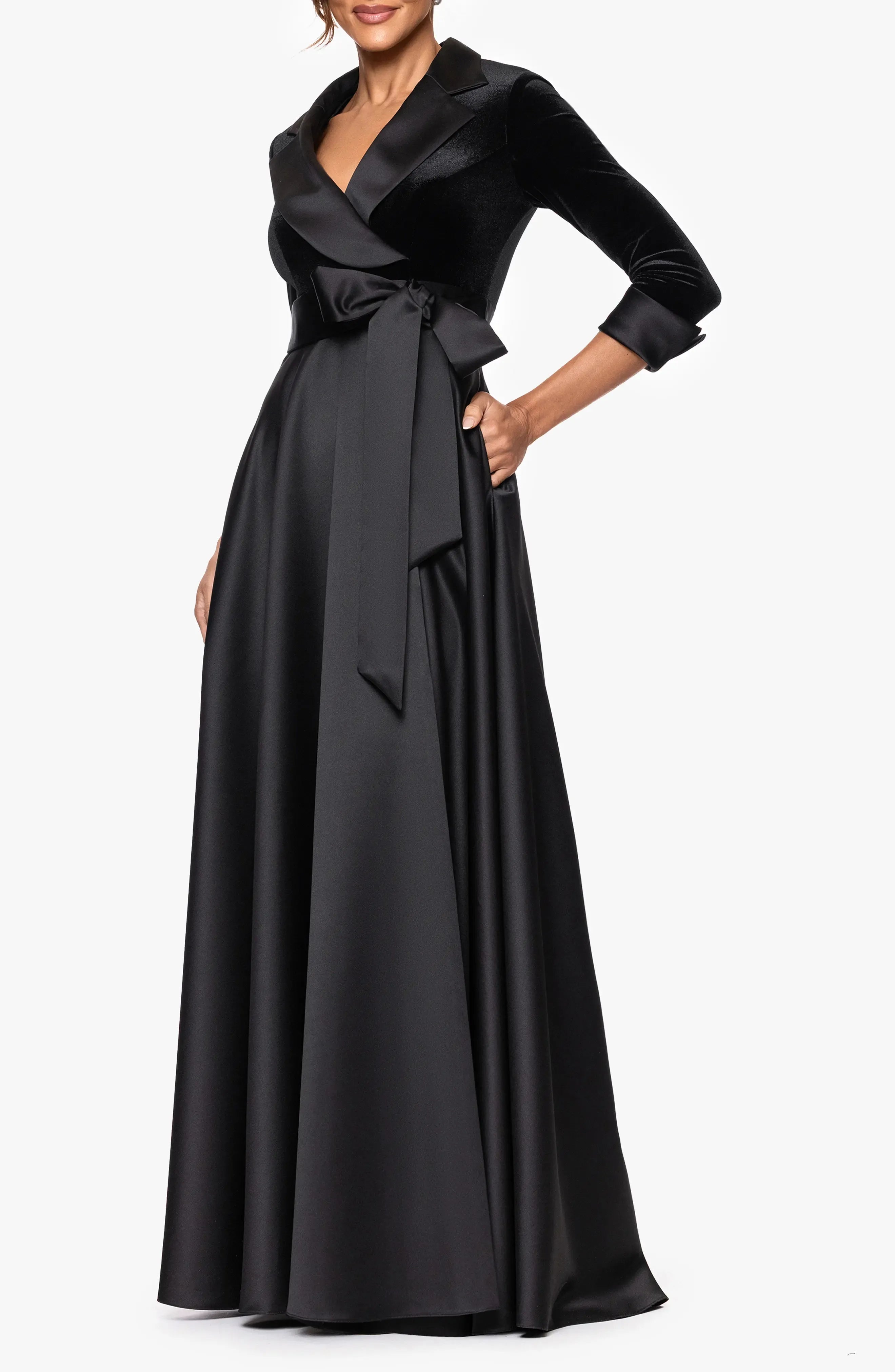 Elegant A-Line V Neck Long Sleeve Velvet & Satin Floor-Length Prom Dress