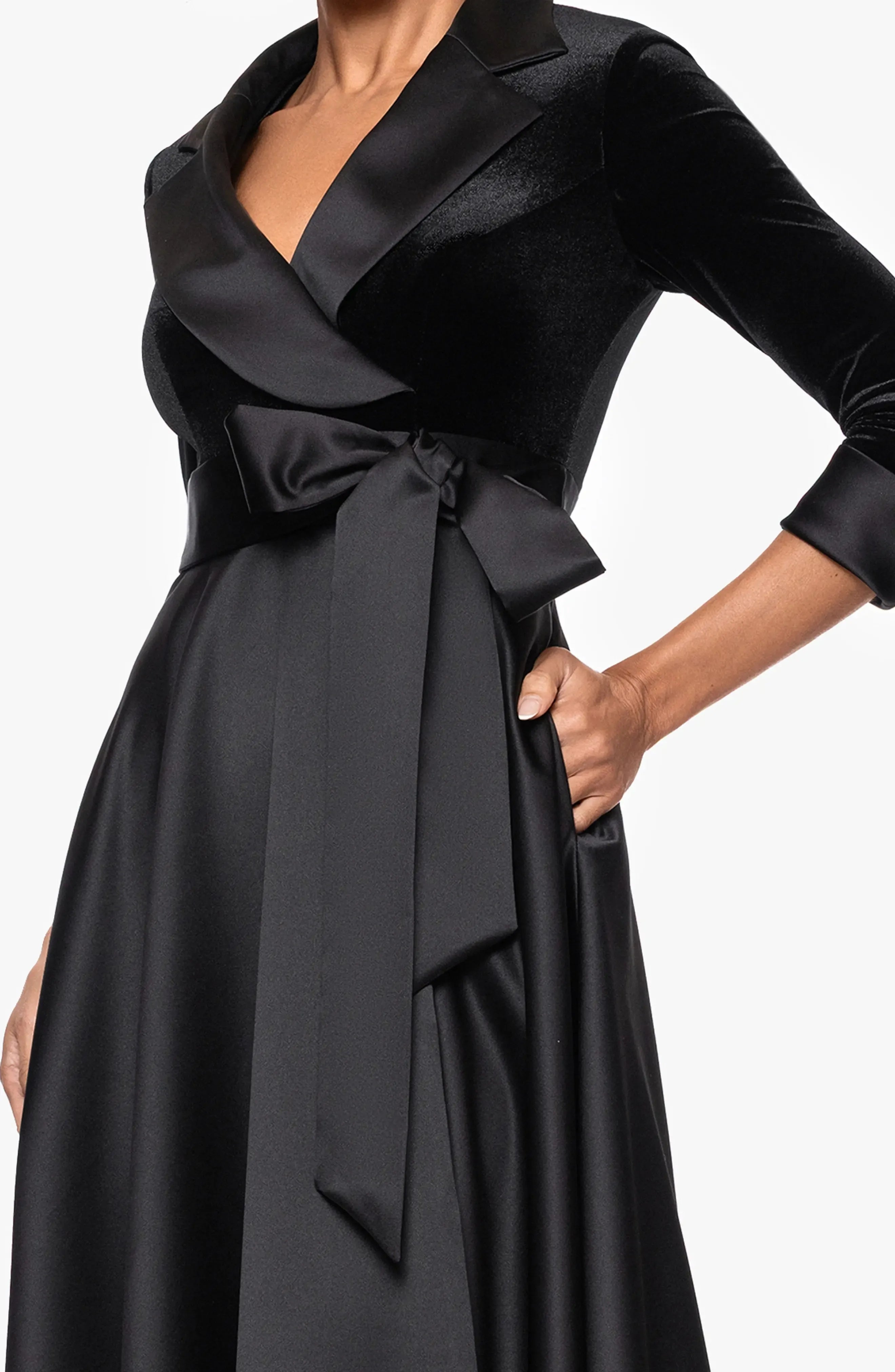 Elegant A-Line V Neck Long Sleeve Velvet & Satin Floor-Length Prom Dress