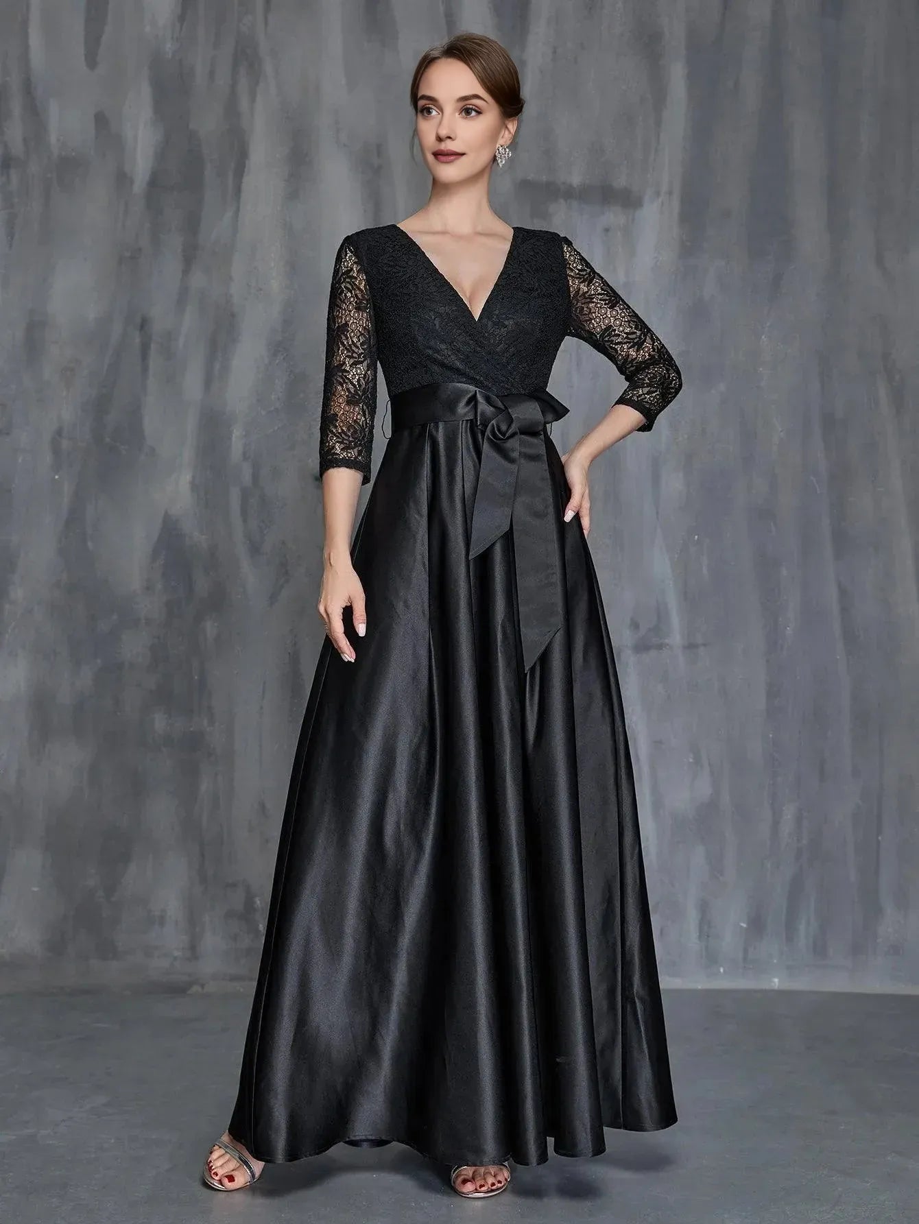 Elegant A-Line V Neck Long Sleeve Zipper Up Floor-Length Prom Dress