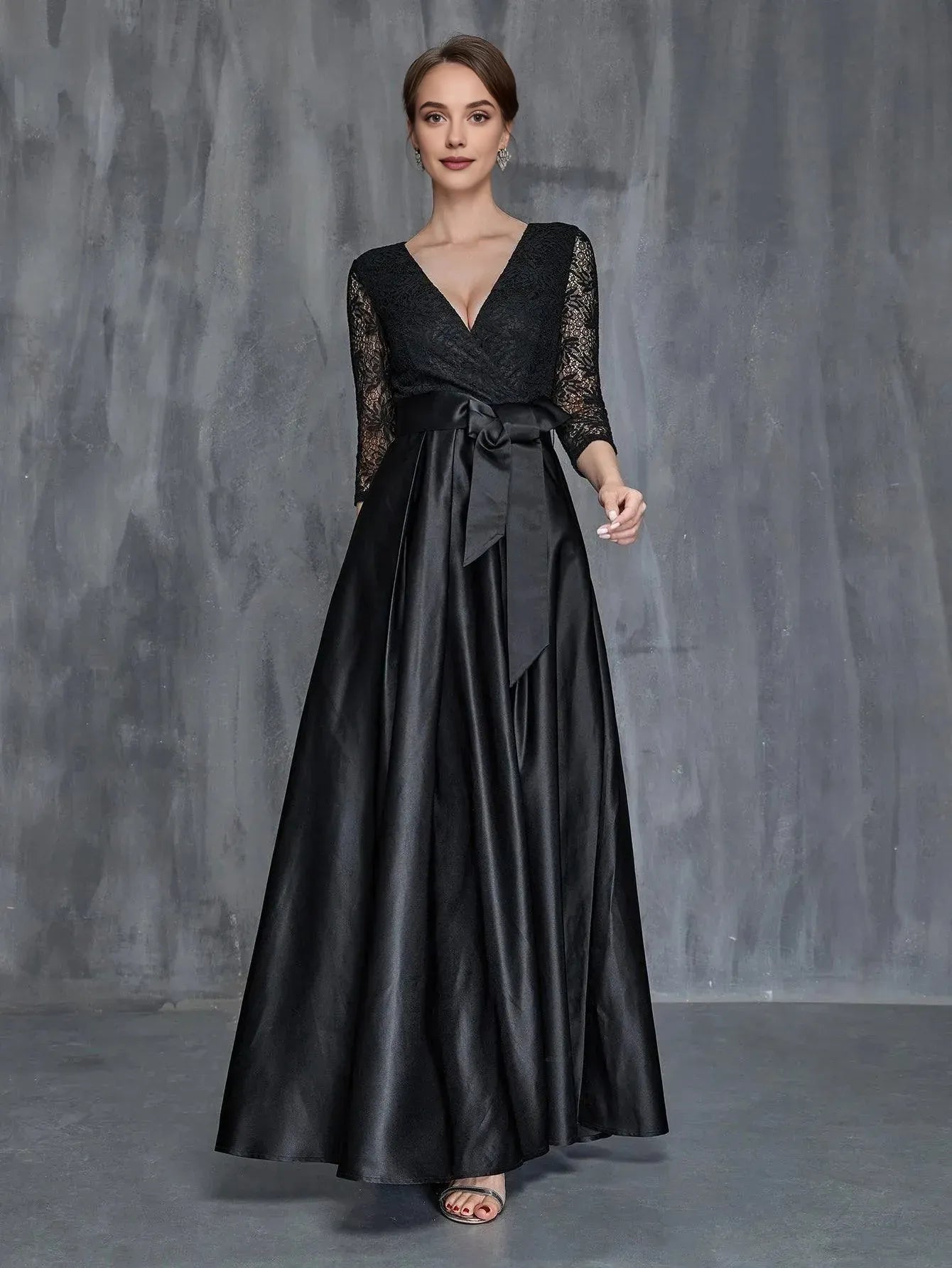 Elegant A-Line V Neck Long Sleeve Zipper Up Floor-Length Prom Dress