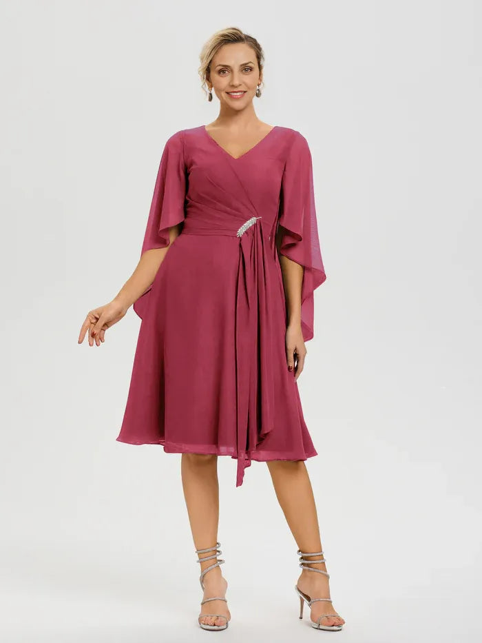 Elegant A-Line V Neck Ruffle Sleeves Chiffon Knee Length Mother of the Bride Dress