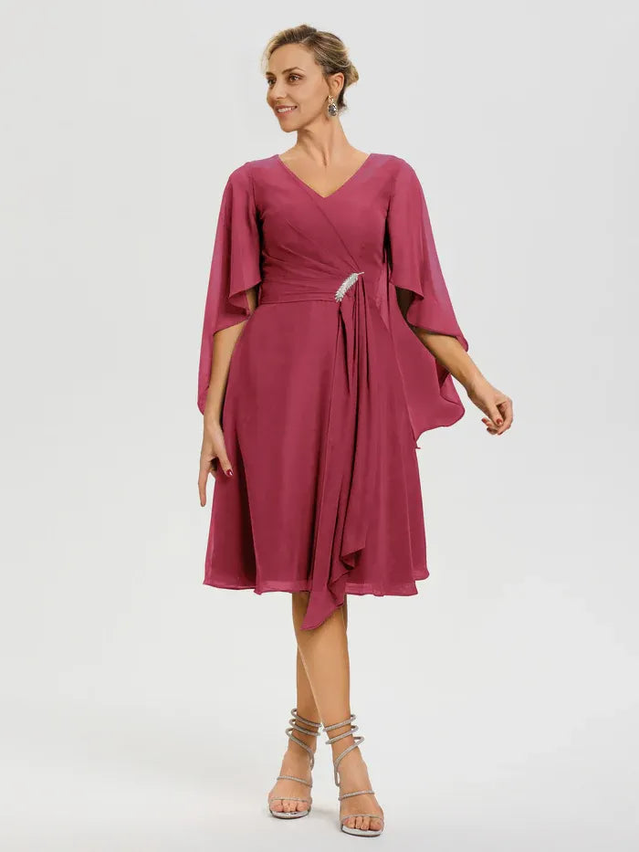 Elegant A-Line V Neck Ruffle Sleeves Chiffon Knee Length Mother of the Bride Dress