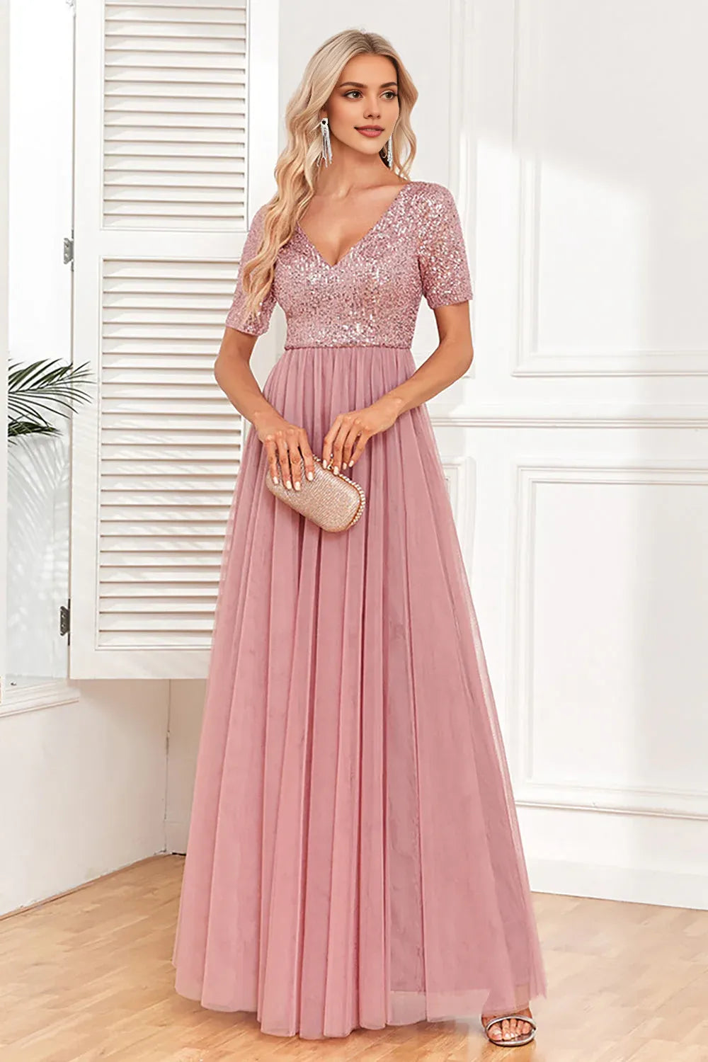 Elegant A-Line V Neck Short Sleeves V Back Floor-Length Mother of the Bride Dress