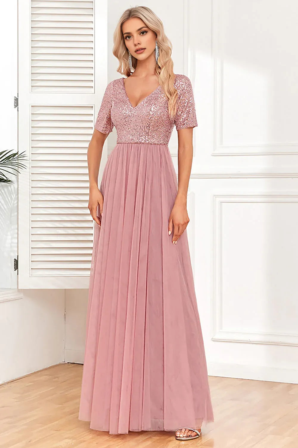 Elegant A-Line V Neck Short Sleeves V Back Floor-Length Mother of the Bride Dress