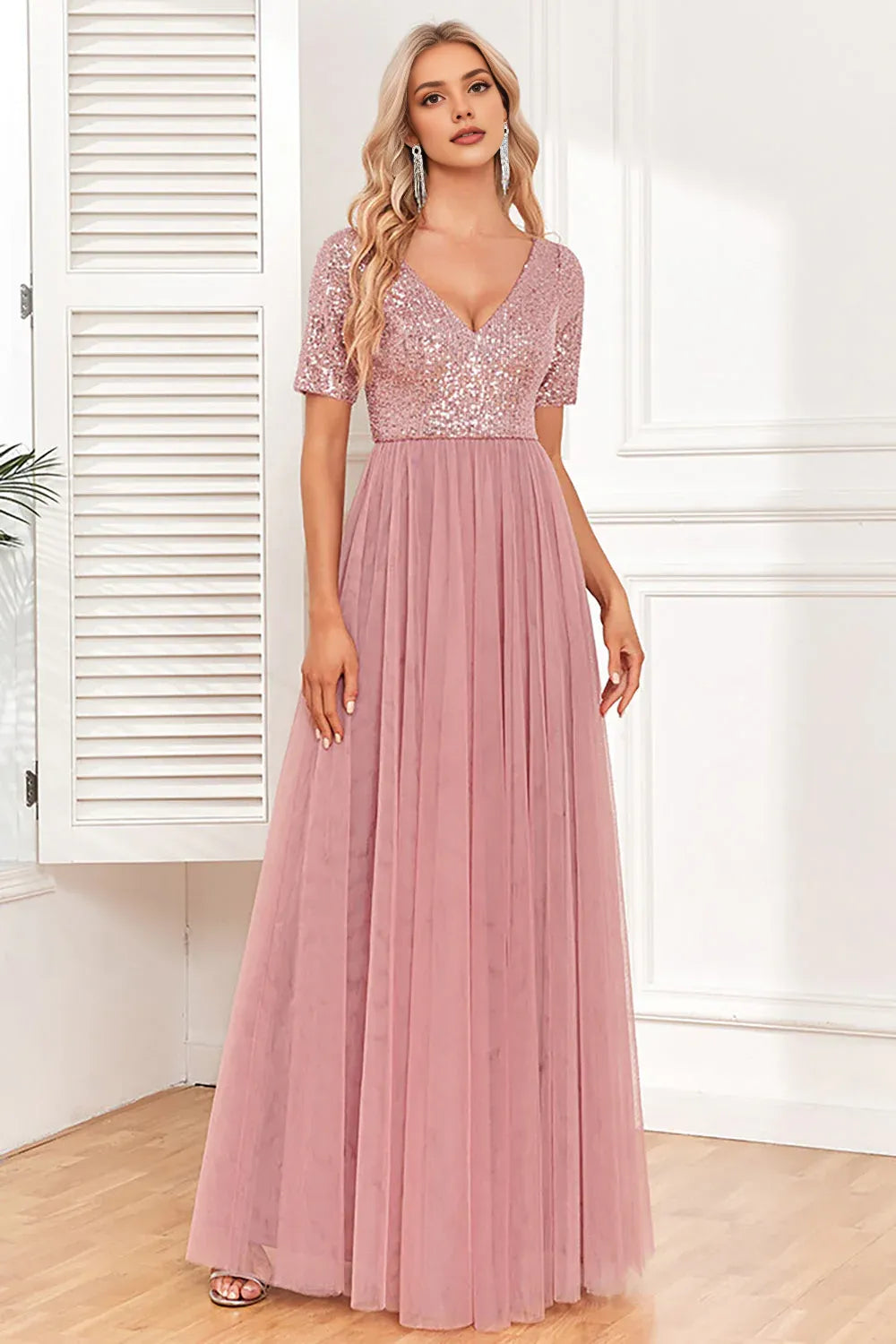 Elegant A-Line V Neck Short Sleeves V Back Floor-Length Mother of the Bride Dress