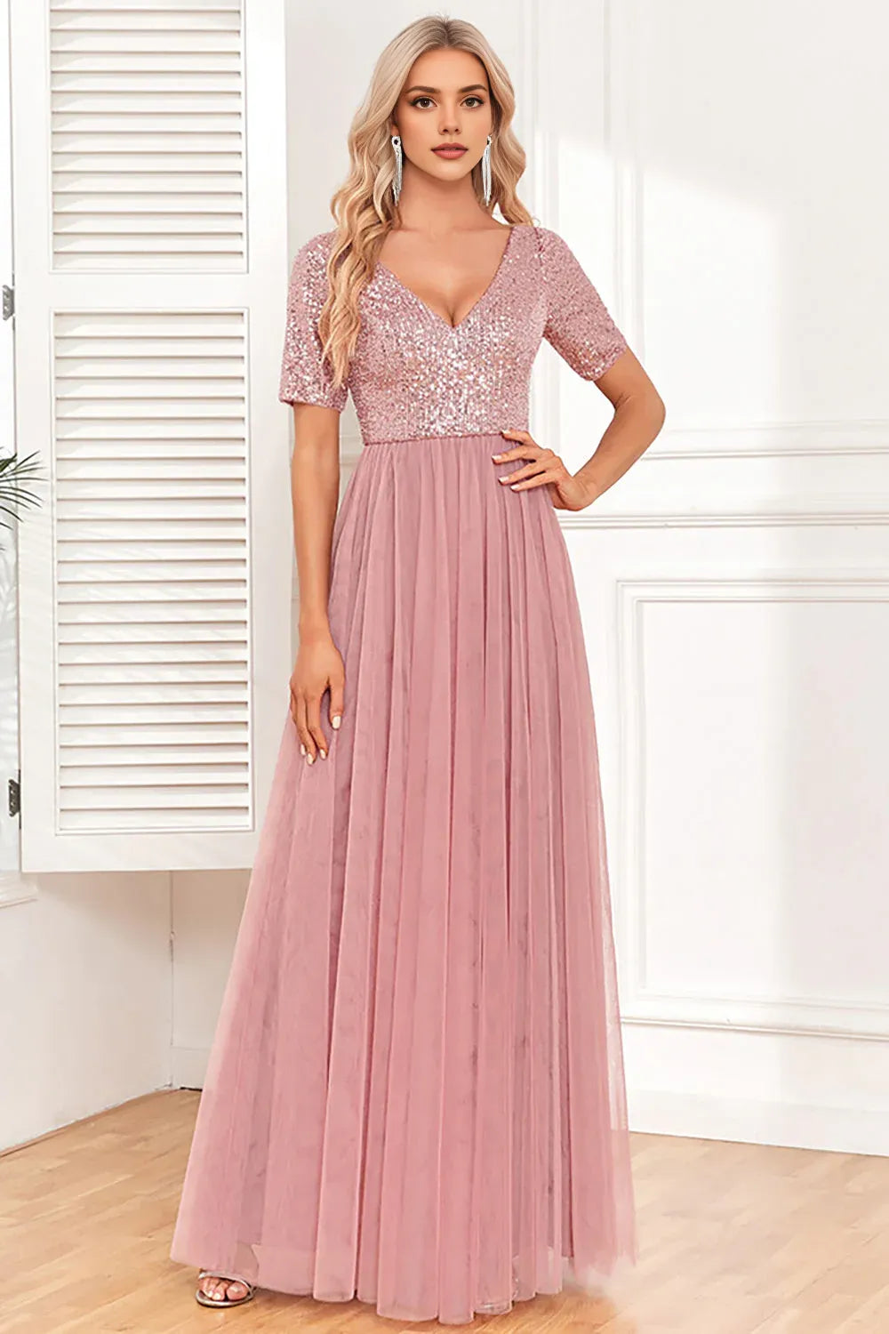 Elegant A-Line V Neck Short Sleeves V Back Floor-Length Mother of the Bride Dress