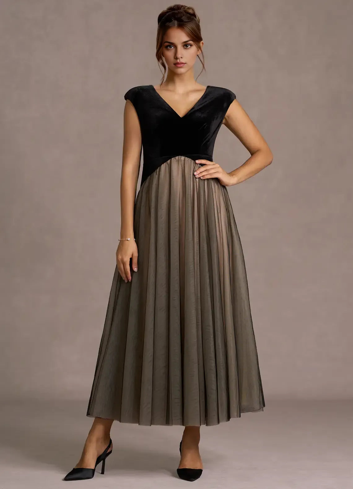 Elegant A-Line V Neck Sleeveless Back Zip Ankle-Length Evening Dress