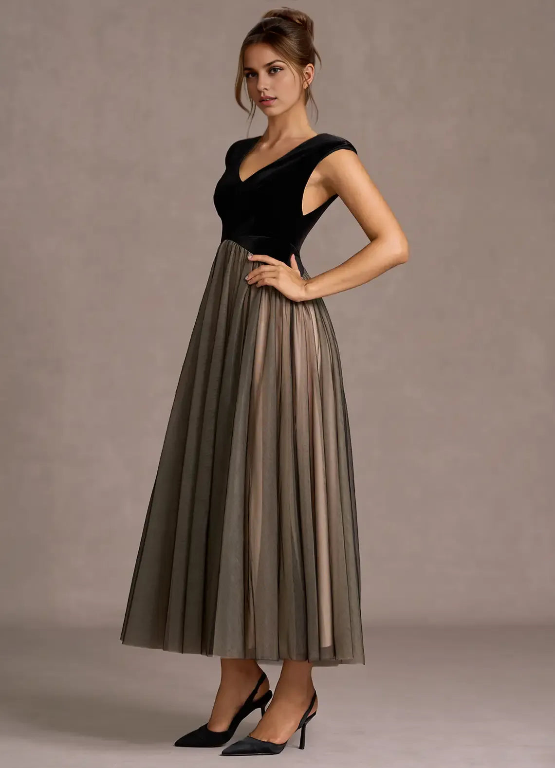 Elegant A-Line V Neck Sleeveless Back Zip Ankle-Length Evening Dress