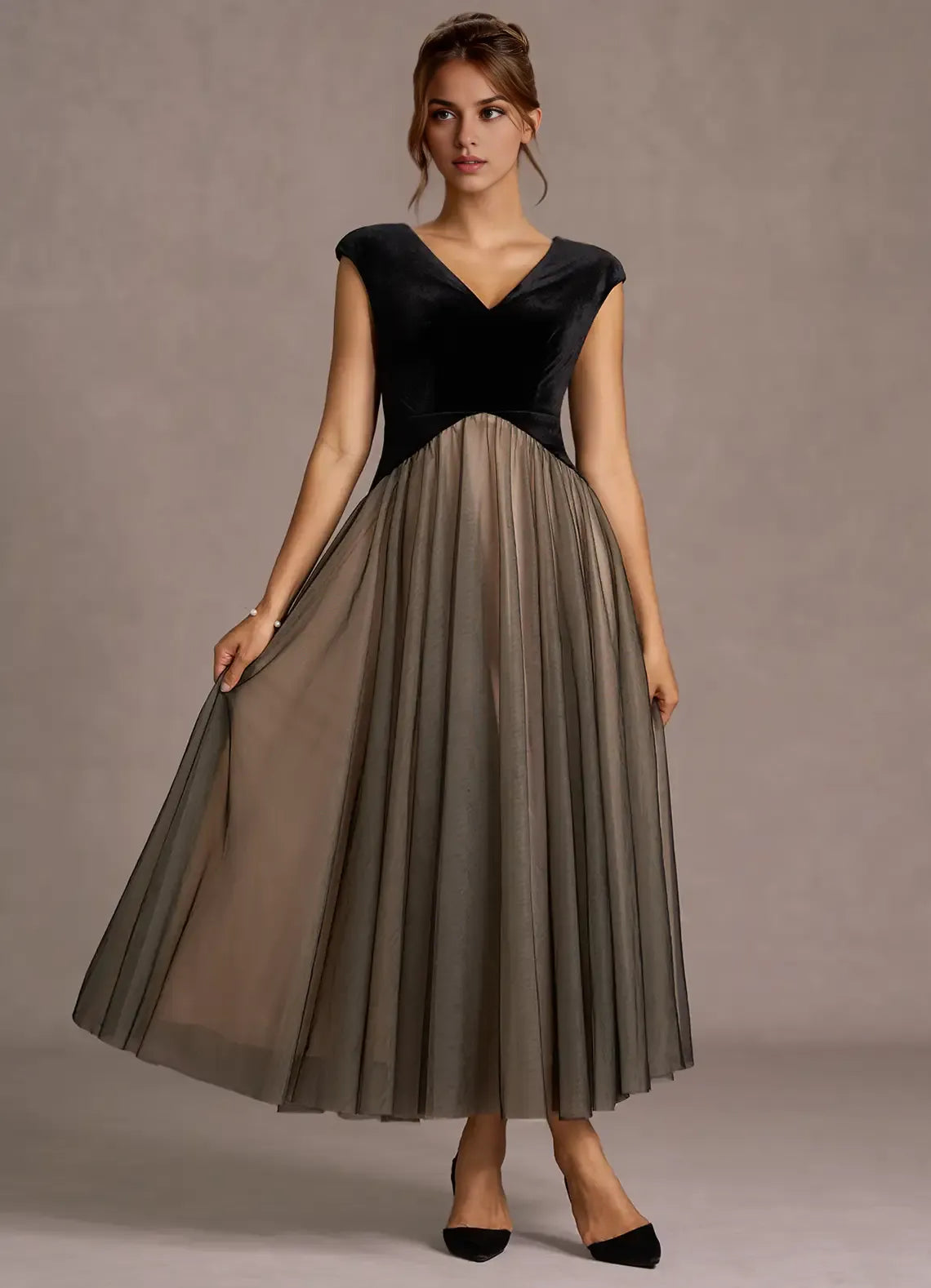 Elegant A-Line V Neck Sleeveless Back Zip Ankle-Length Evening Dress