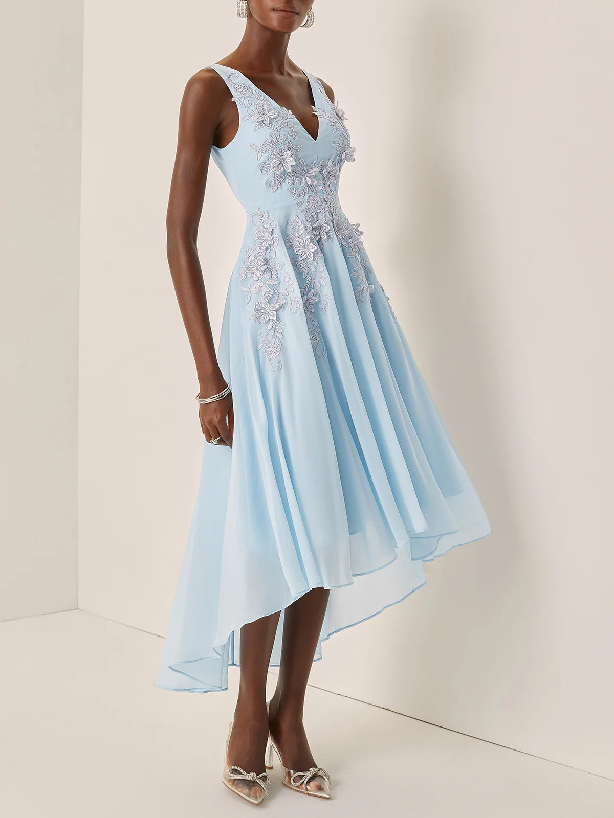 Elegant A-Line V Neck Sleeveless Zipper Up Asymmetric-Length Prom Dress