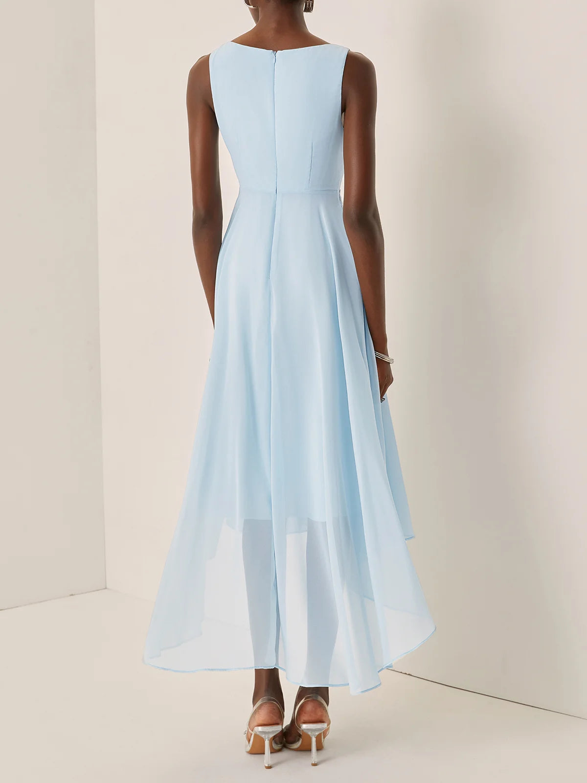 Elegant A-Line V Neck Sleeveless Zipper Up Asymmetric-Length Prom Dress