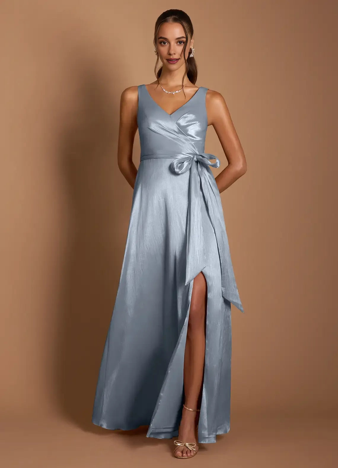 Elegant A-Line V Neck Sleeveless Zipper Up Floor-Length Evening Dress