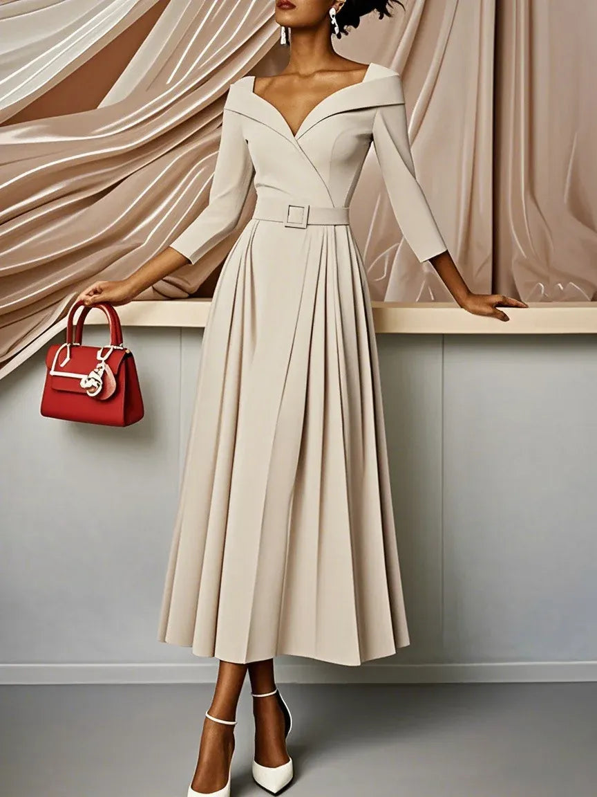 Elegant A-Line V Neck Three Quarter Sleeve Back Zip Tea-Length Evening Dress