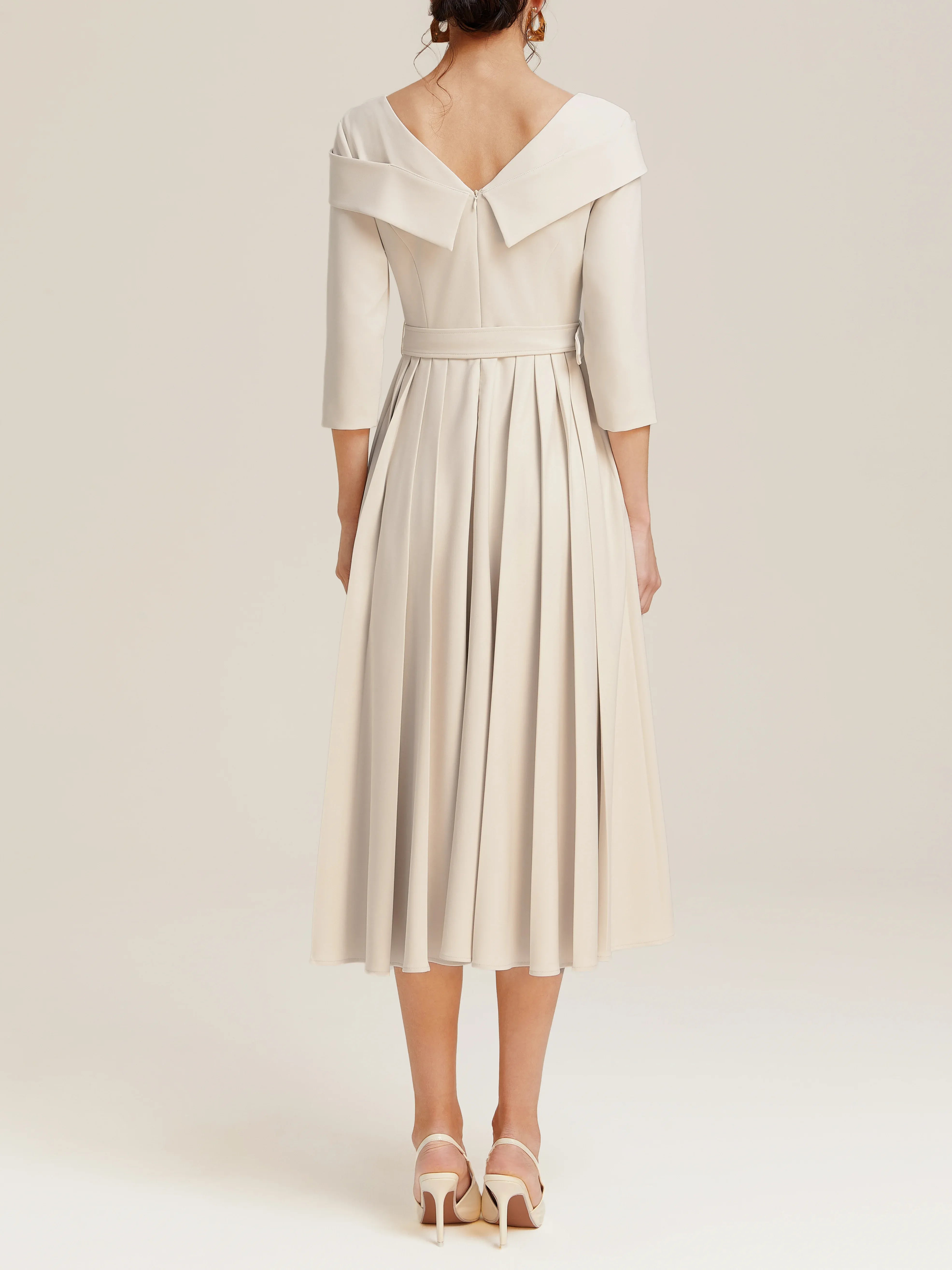 Elegant A-Line V Neck Three Quarter Sleeve Back Zip Tea-Length Evening Dress