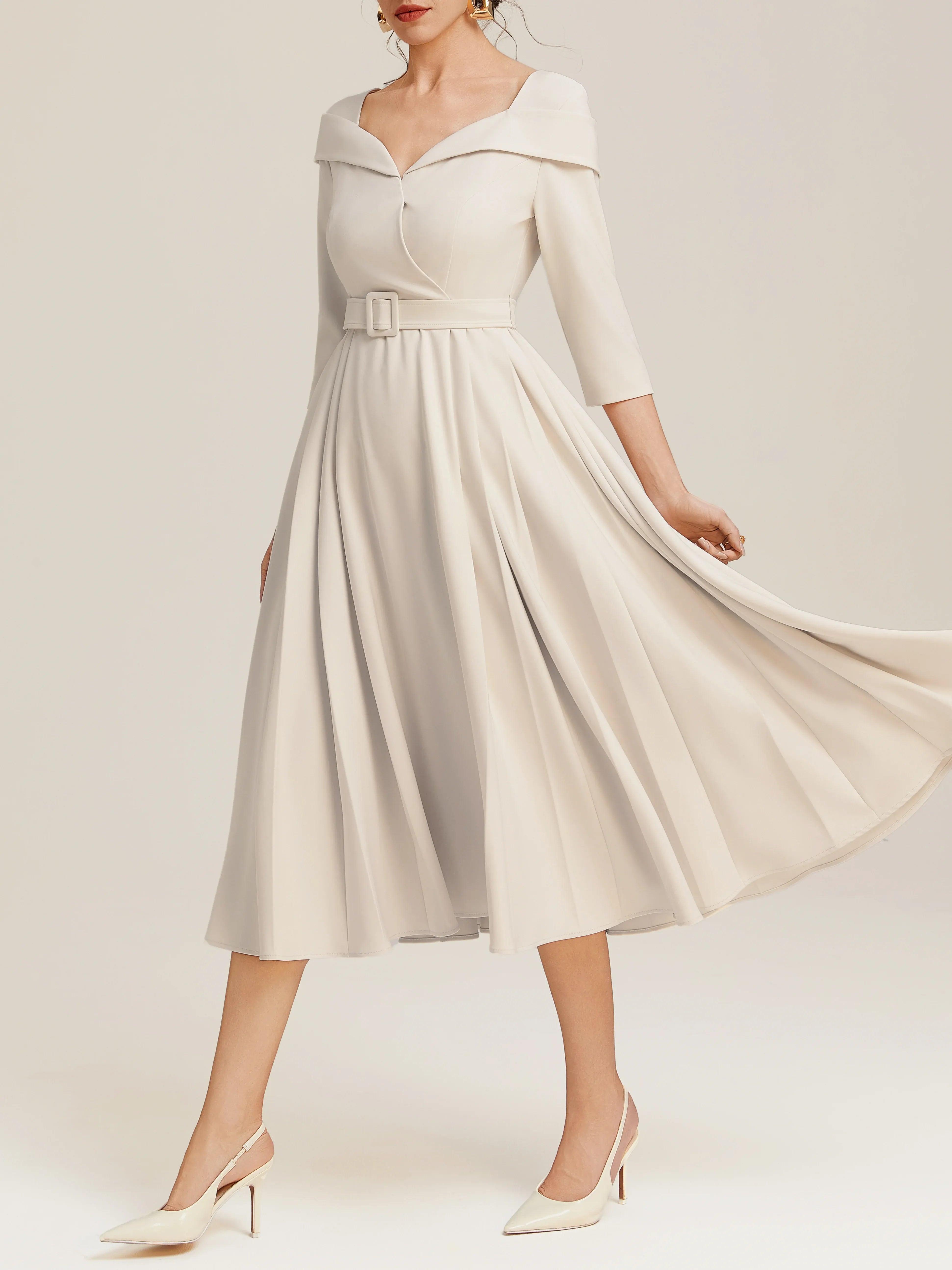Elegant A-Line V Neck Three Quarter Sleeve Back Zip Tea-Length Evening Dress