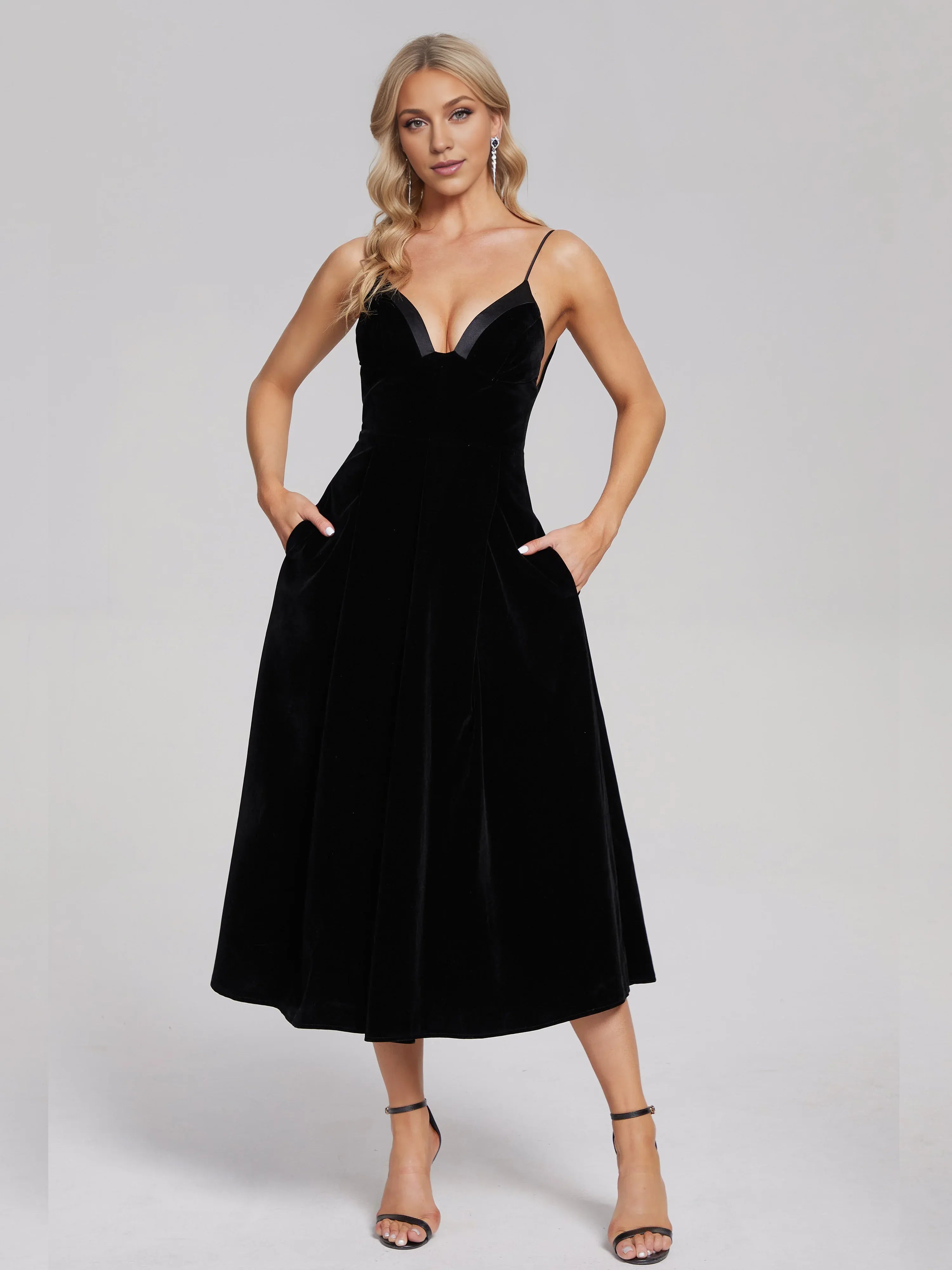 Elegant A-Line&Princess V Neck Sleeveless Backless Tea-Length Prom Dress