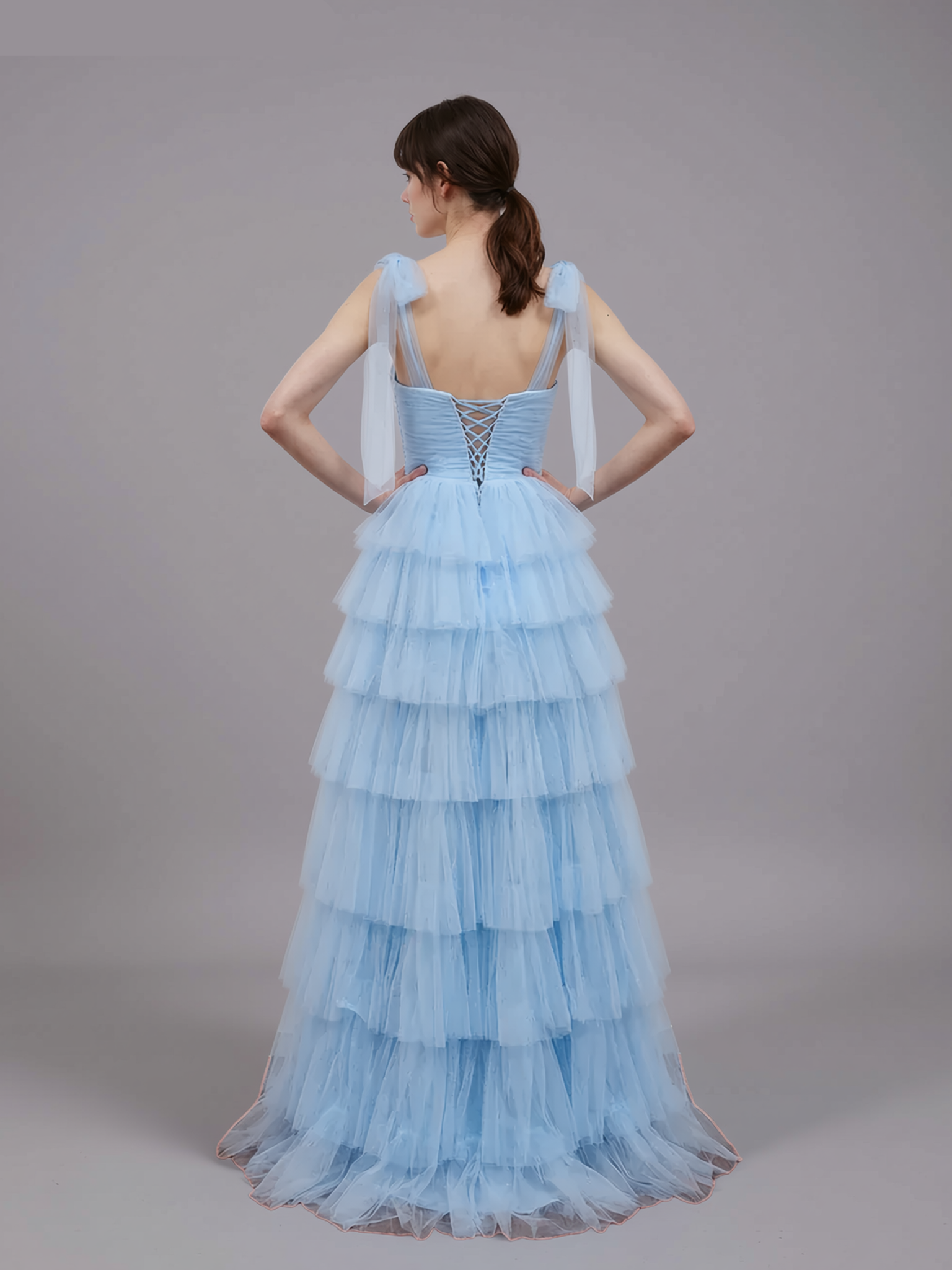Elegant A-line Bow Strap Lace-up Tiered Tulle Maxi Prom Dress