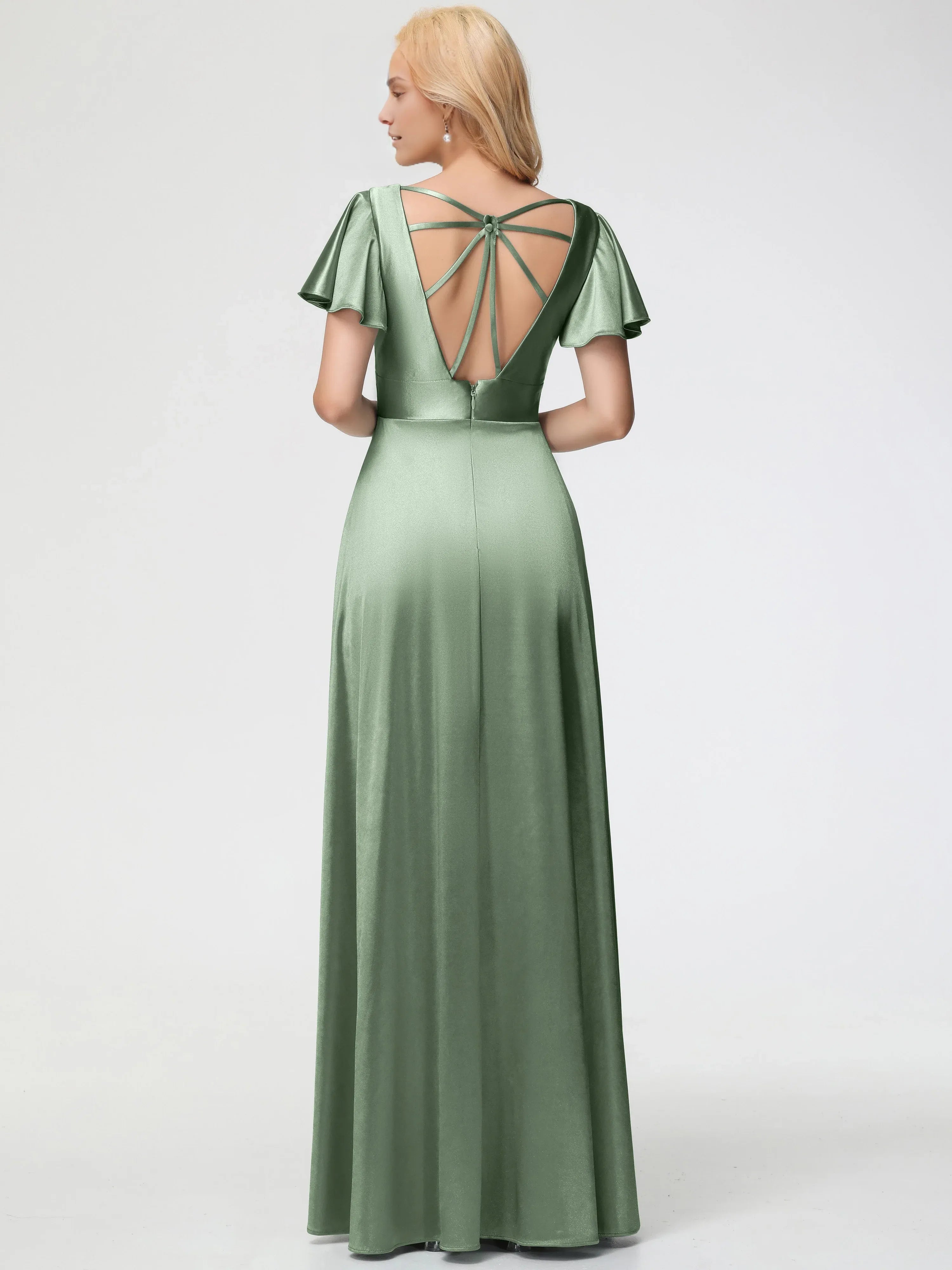 Elegant A-line Deep V-Neck Short Sleeves Backless Floor-Length Prom Dress