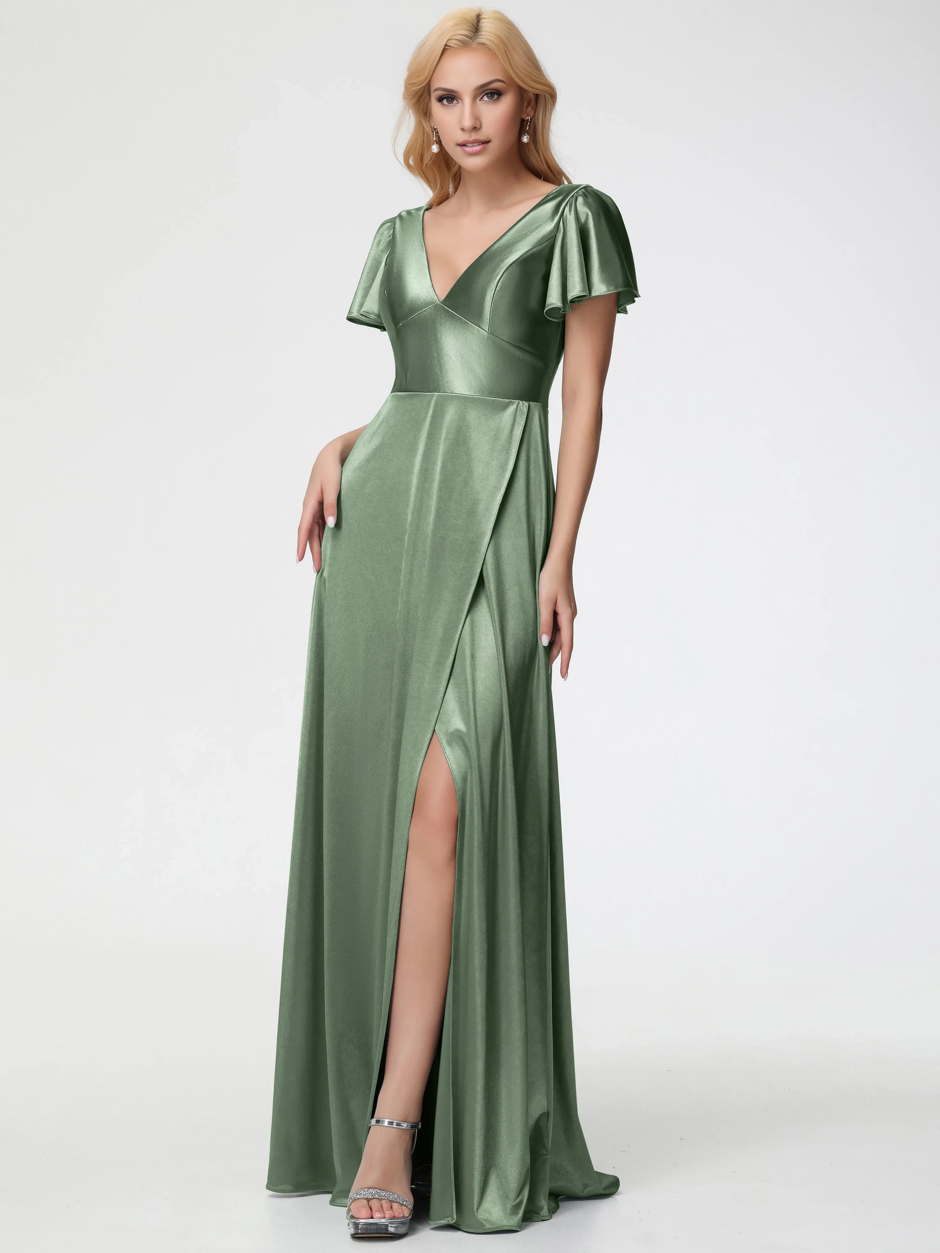 Elegant A-line Deep V-Neck Short Sleeves Backless Floor-Length Prom Dress