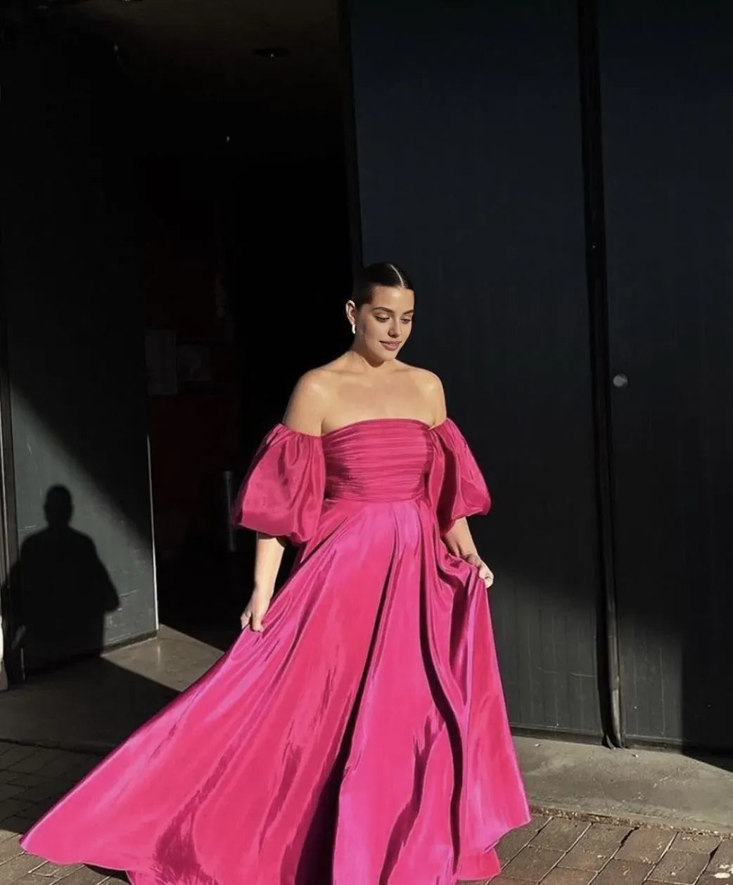 Elegant A-line Off Shoulder Puff Sleeve Backless Floor Length Evening Gown