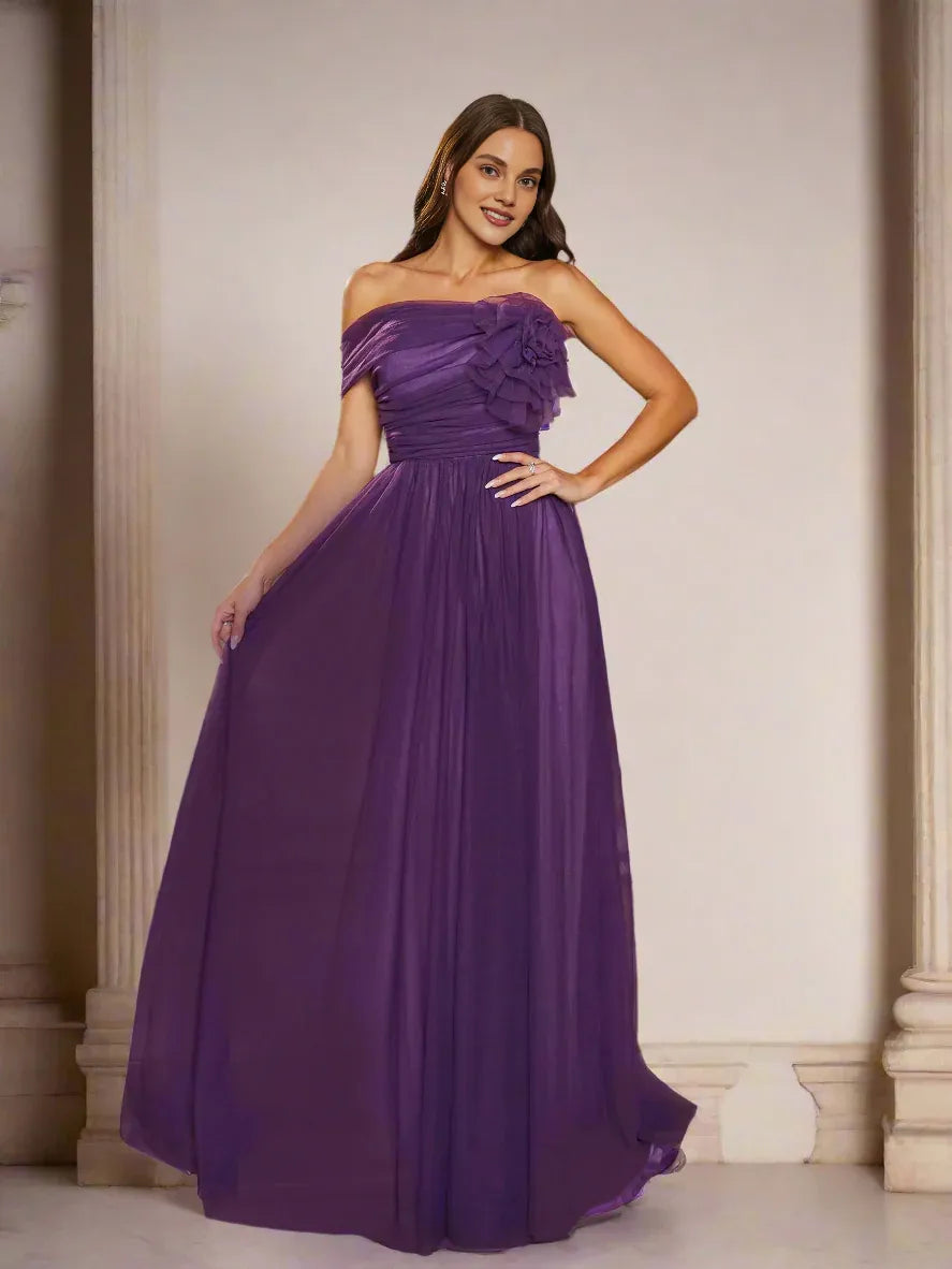 Elegant A-line Off Shoulder Sleeveless Back Zip Floor-Length Prom Dress