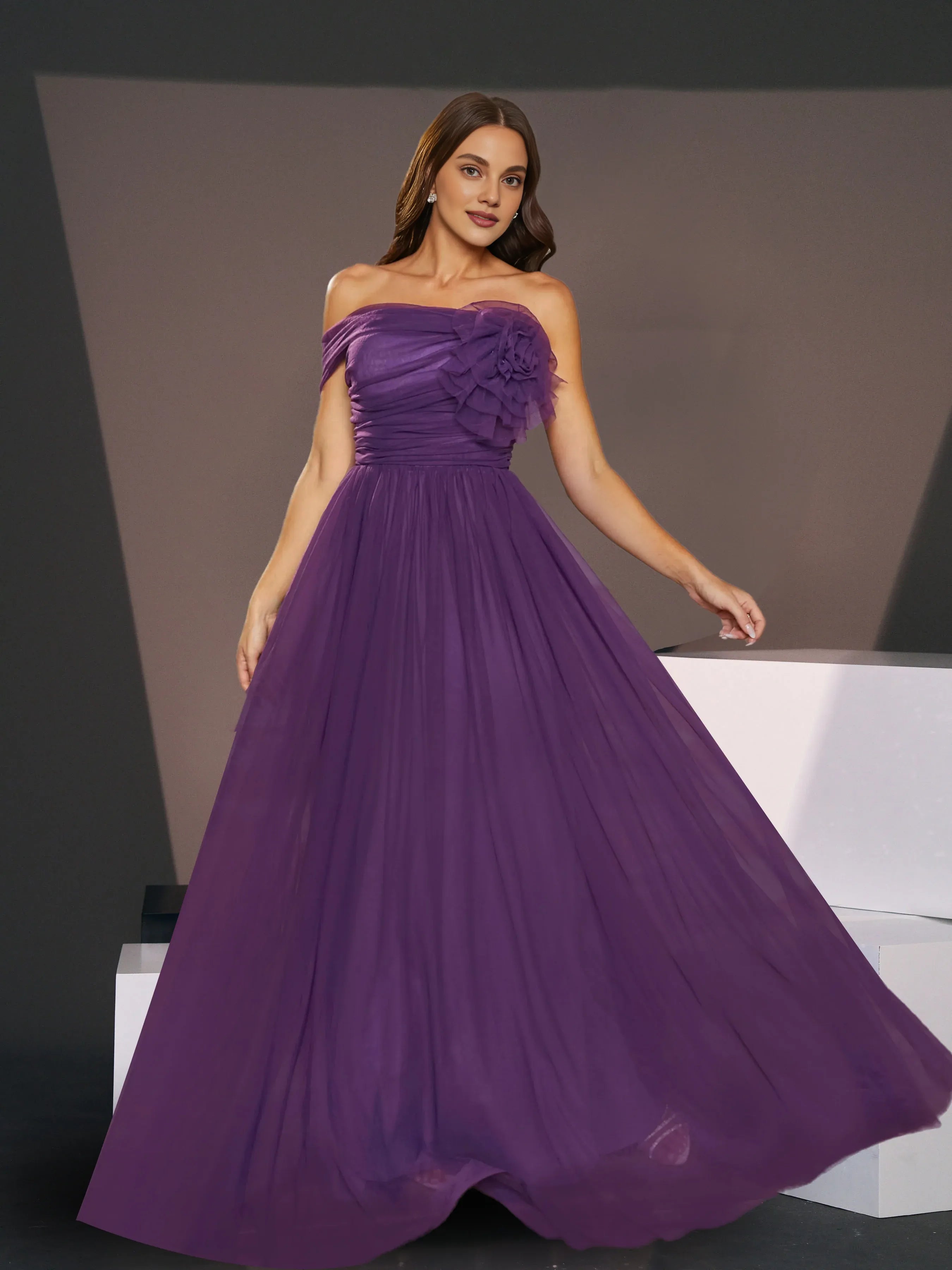 Elegant A-line Off Shoulder Sleeveless Back Zip Floor-Length Prom Dress
