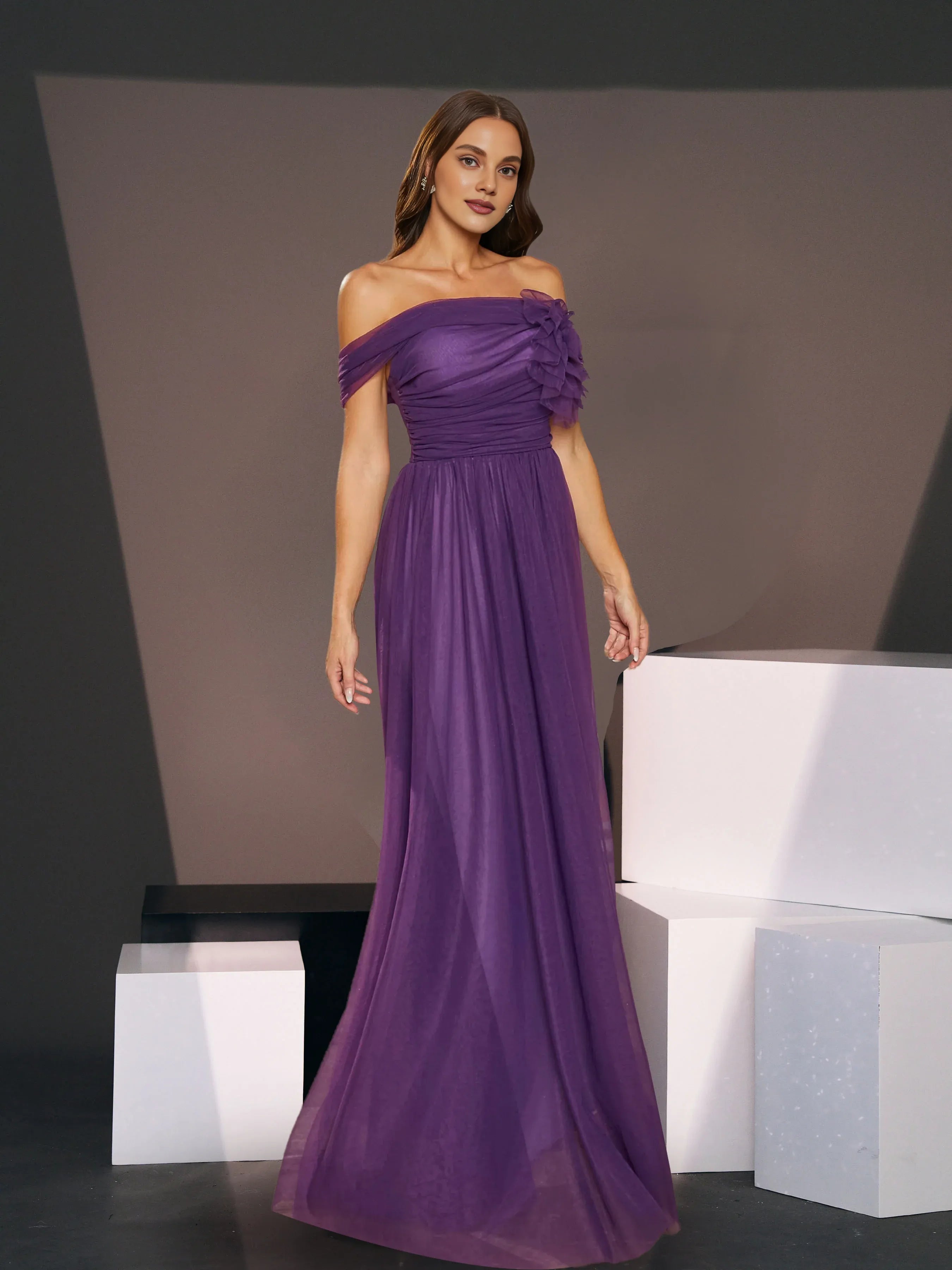 Elegant A-line Off Shoulder Sleeveless Back Zip Floor-Length Prom Dress