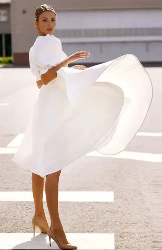 Elegant A-line Round Neck Puff Sleeves Tea-Length Prom Party Dress