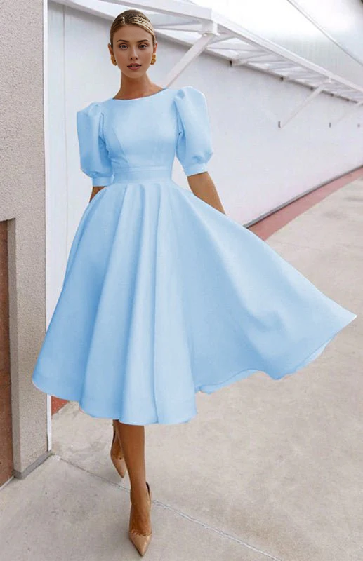 Elegant A-line Round Neck Puff Sleeves Tea-Length Prom Party Dress