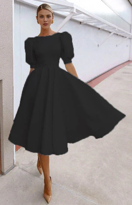 Elegant A-line Round Neck Puff Sleeves Tea-Length Prom Party Dress