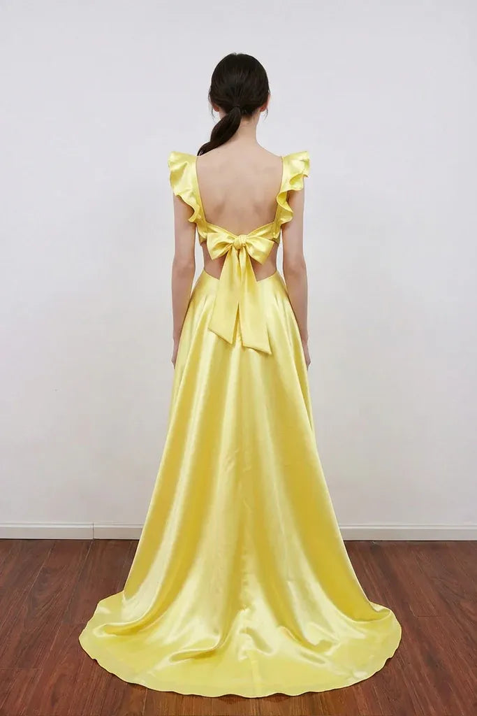 Elegant A-line Ruffle Strap Bow Back Satin Floor Length Prom Gown