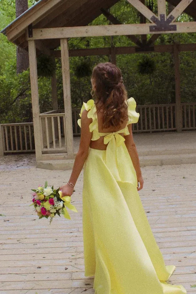 Elegant A-line Ruffle Strap Bow Back Satin Floor Length Prom Gown