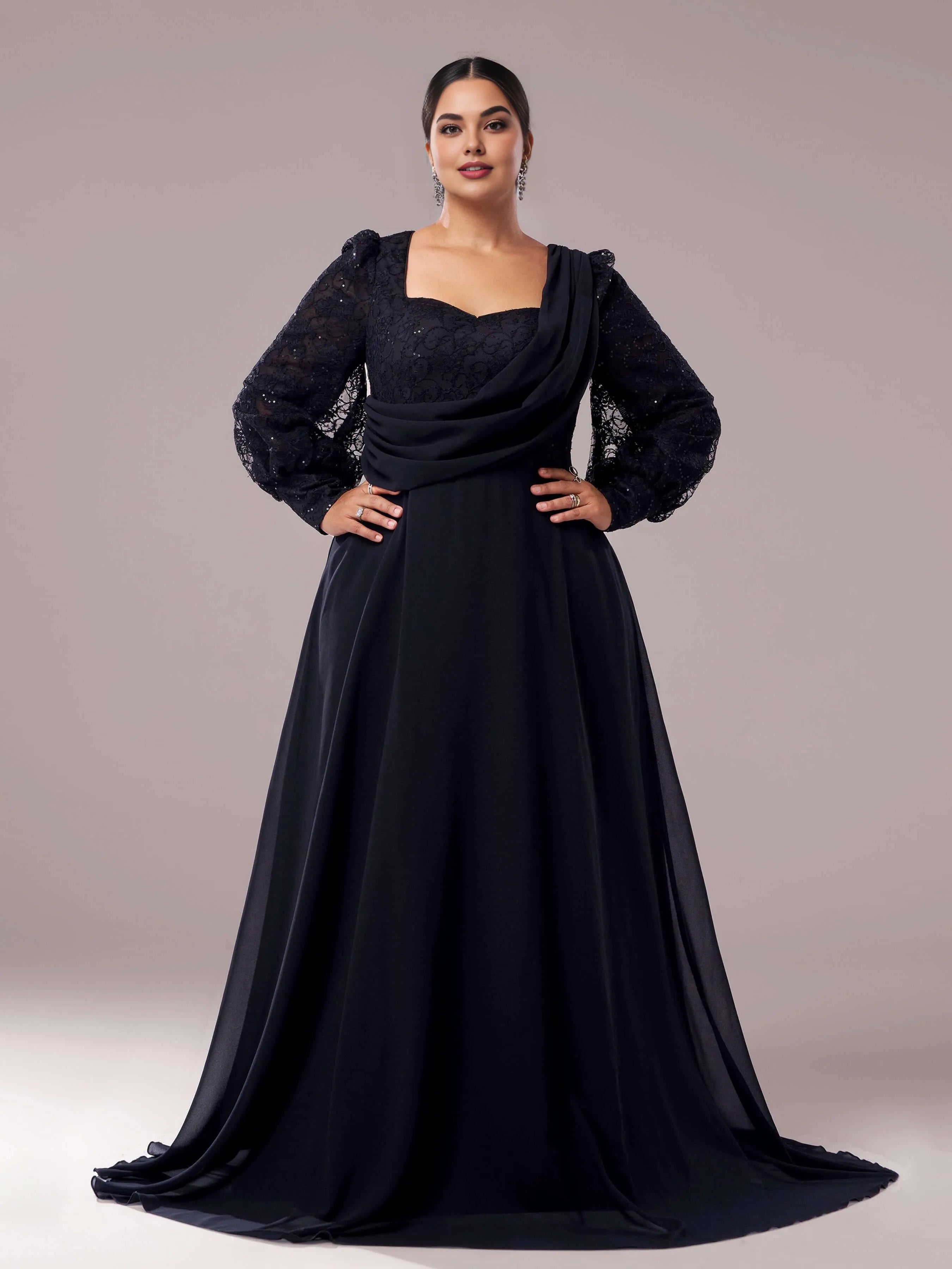 Elegant A-line Square Neck Long Sleeve Zipper Up Floor-Length Plus Size Prom Dress