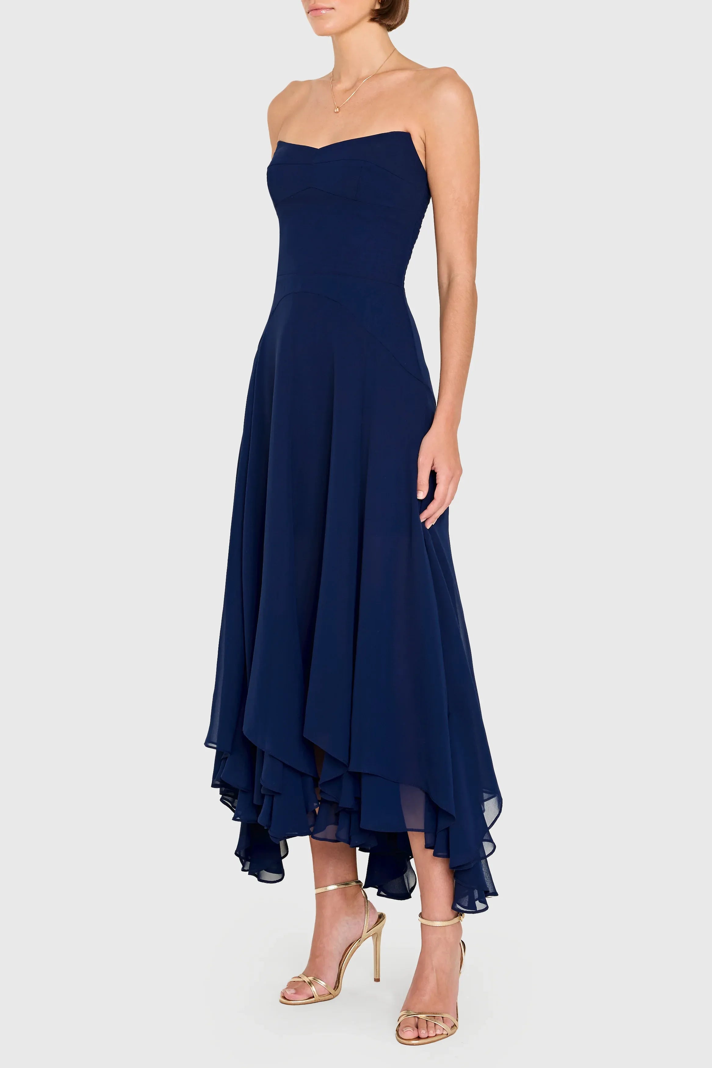 Elegant A-line Strapless Chiffon Ruffle Chiffon High Low Midi Prom Dress
