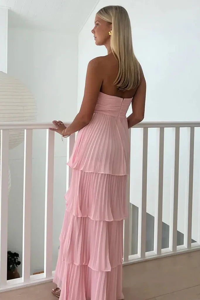 Elegant A-line Strapless Tiered Pleated Floor Length Chiffon Maxi Dress Prom Dress