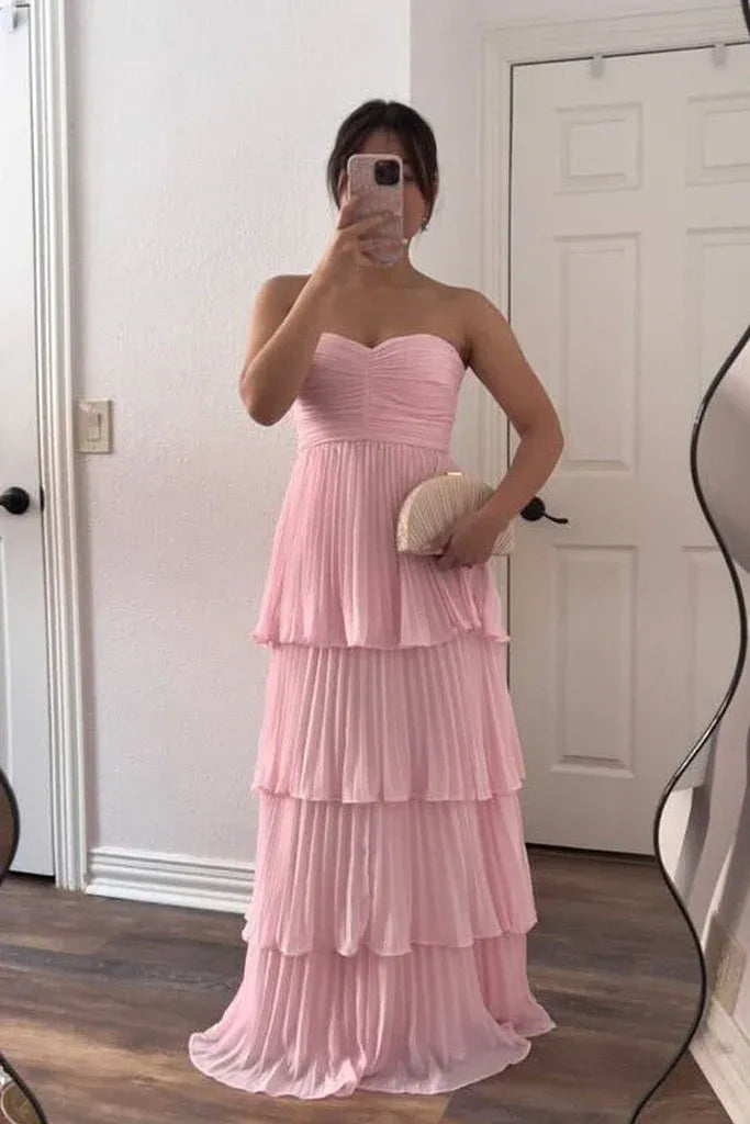 Elegant A-line Strapless Tiered Pleated Floor Length Chiffon Maxi Dress Prom Dress