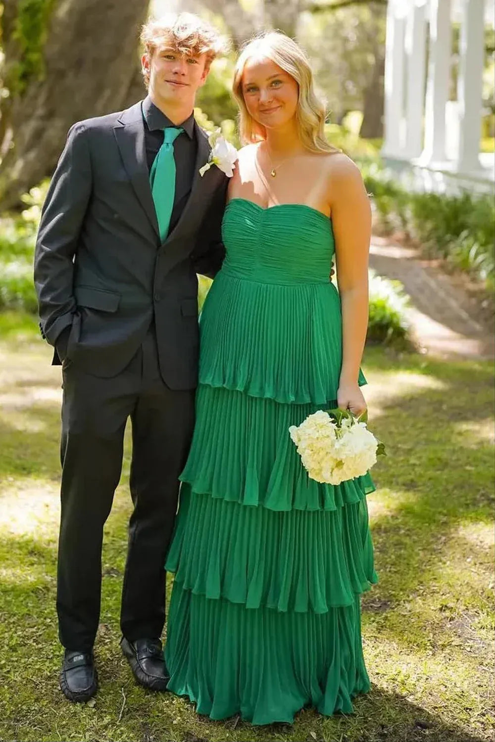 Elegant A-line Strapless Tiered Pleated Floor Length Chiffon Maxi Dress Prom Dress