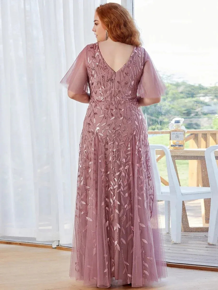 Elegant A-line V Neck Flutter Sleeve Back Zip Floor-Length Plus Size Prom Dress