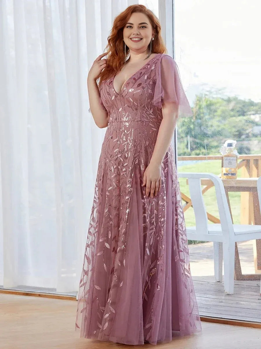 Elegant A-line V Neck Flutter Sleeve Back Zip Floor-Length Plus Size Prom Dress