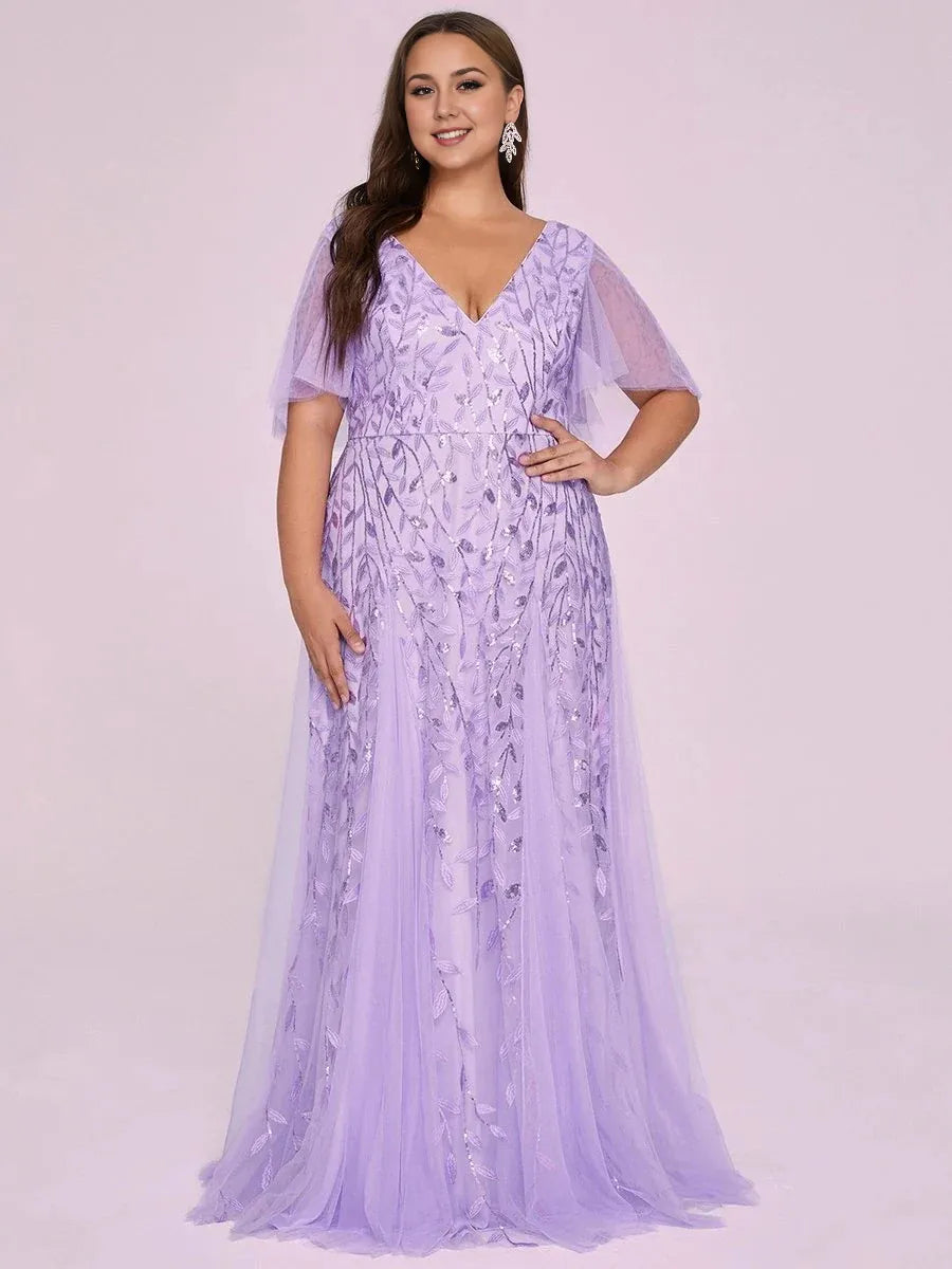 Elegant A-line V Neck Flutter Sleeve Back Zip Floor-Length Plus Size Prom Dress