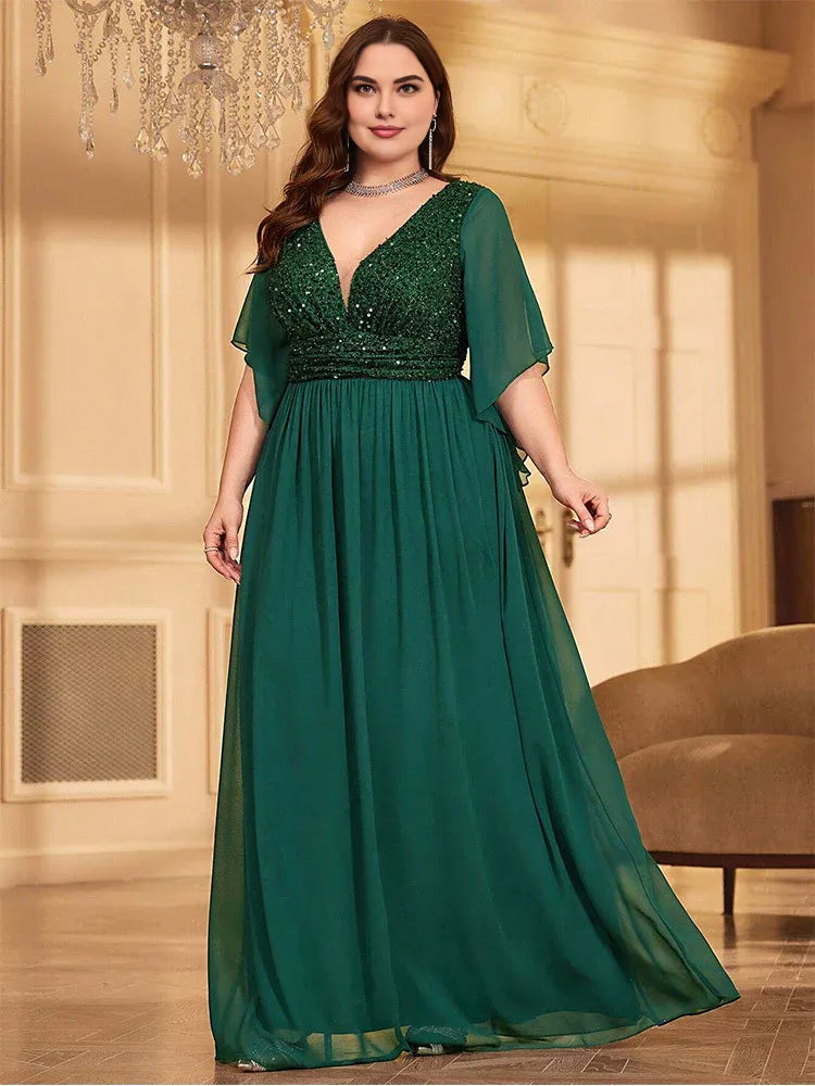 Elegant A-line V Neck Flutter Sleeve Backless Floor-Length Plus Size Prom Dress