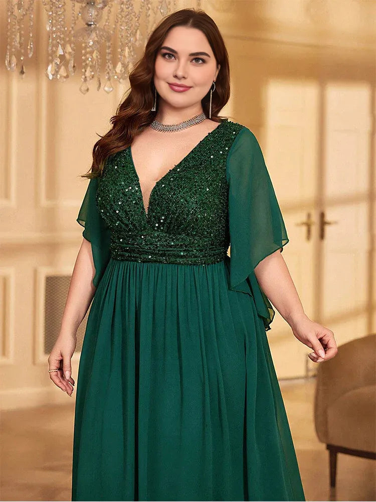 Elegant A-line V Neck Flutter Sleeve Backless Floor-Length Plus Size Prom Dress