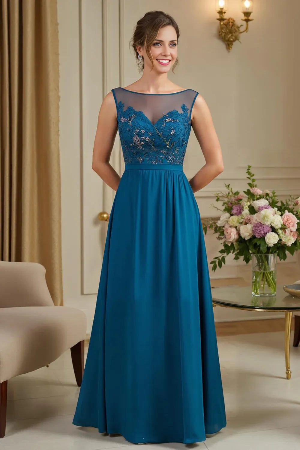 Elegant A Line Boat-Neck Sleeveless Zipper Up Floor-Length Mother of the Bride Dress
