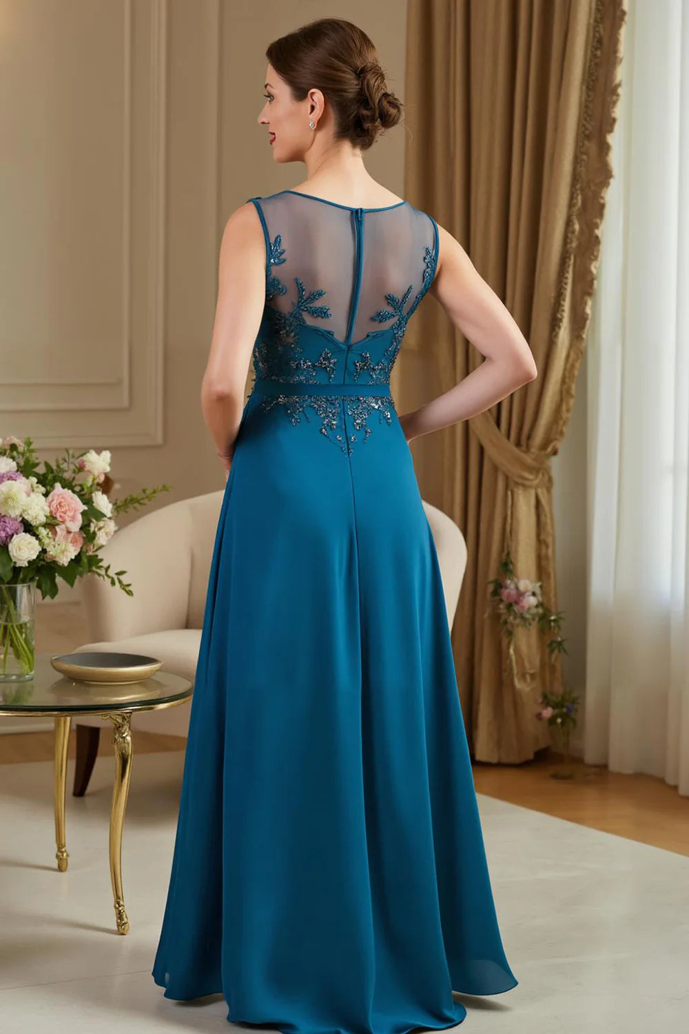 Elegant A Line Boat-Neck Sleeveless Zipper Up Floor-Length Mother of the Bride Dress