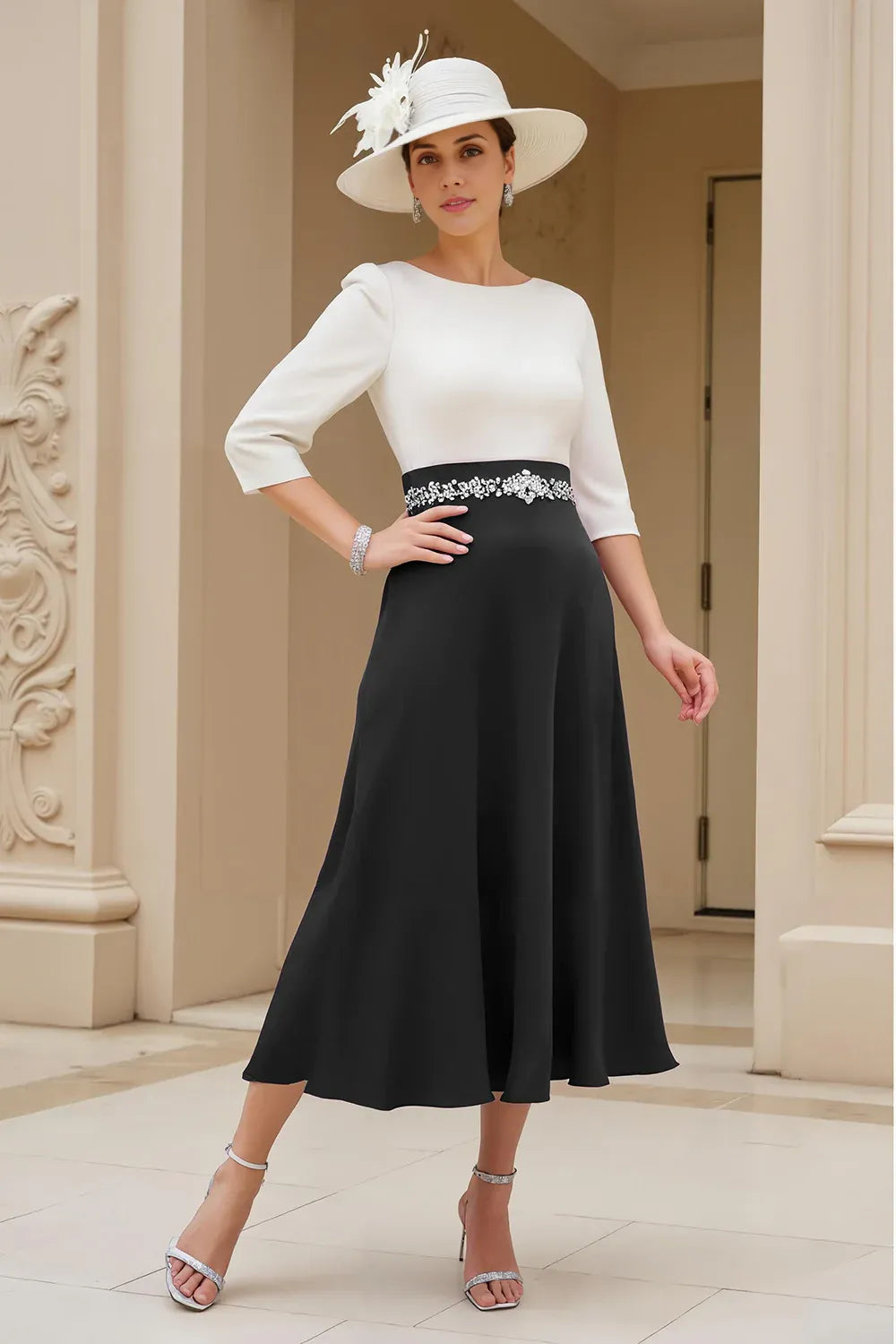 Elegant A Line Boat Neck Long Sleeve Scoop Back Tea-Length Mother of the Bride Dress